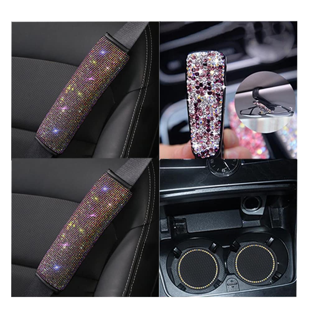 6 Pack Diamond Car Accessories Set - 2 Seat Belt Covers, 2 Rhinestone Sunglass Holders & 2 Cup Coasters | Luxury Car Interior Decor for Women | Perfect for Road Trips, Daily Commute & Gift Giving
