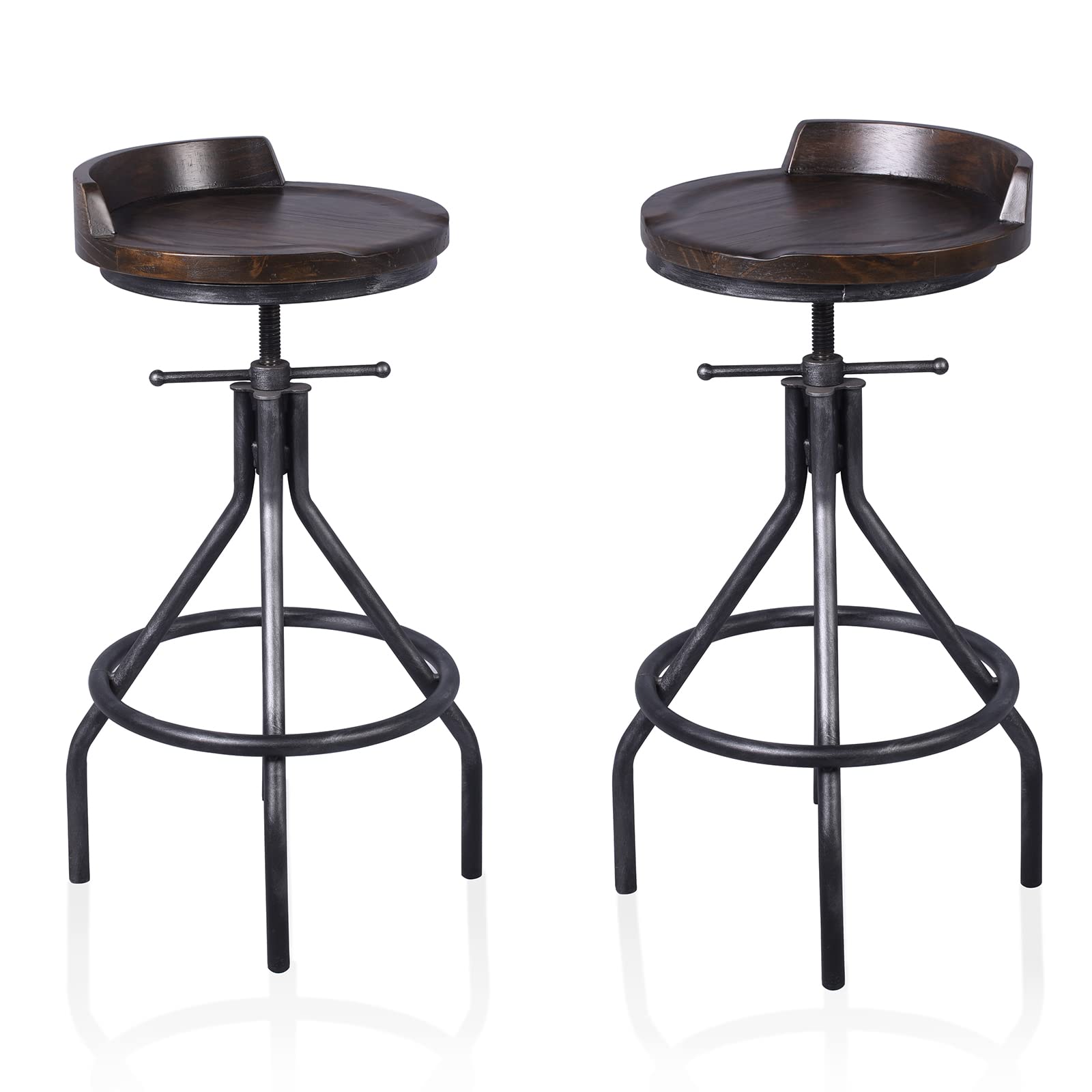 Set of 2 Industrial Vintage Bar Stools with Swivel Wooden Seat & Mini Backrest - Adjustable Height 24-30 Inch for Kitchen Counter, Bar, or Breakfast Nook - Perfect for Home, Cafe, and Restaurant Use
