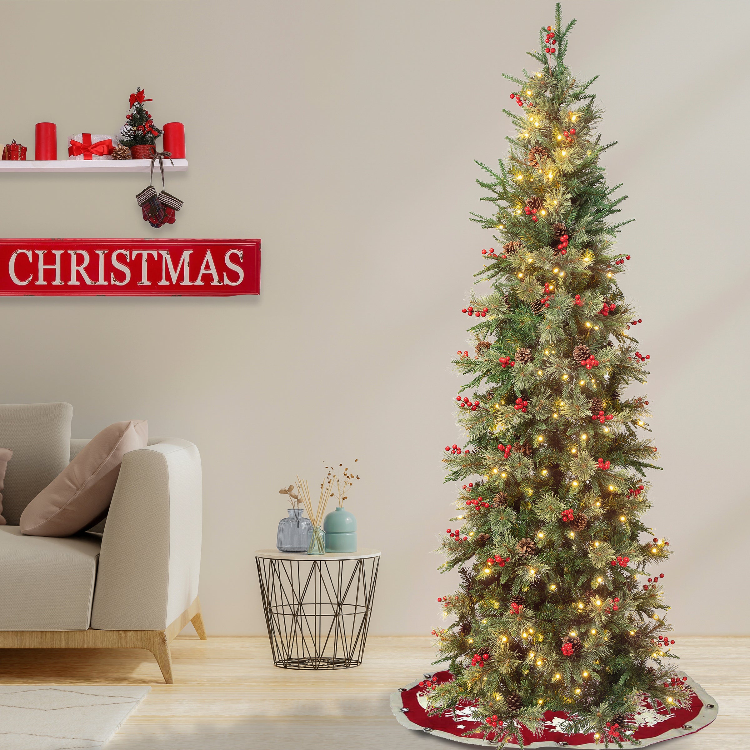 7.5 ft Pre-Lit Virginia Pine Slim Artificial Christmas Tree with Warm White LED Lights - Perfect for Home, Office, and Holiday Decorations