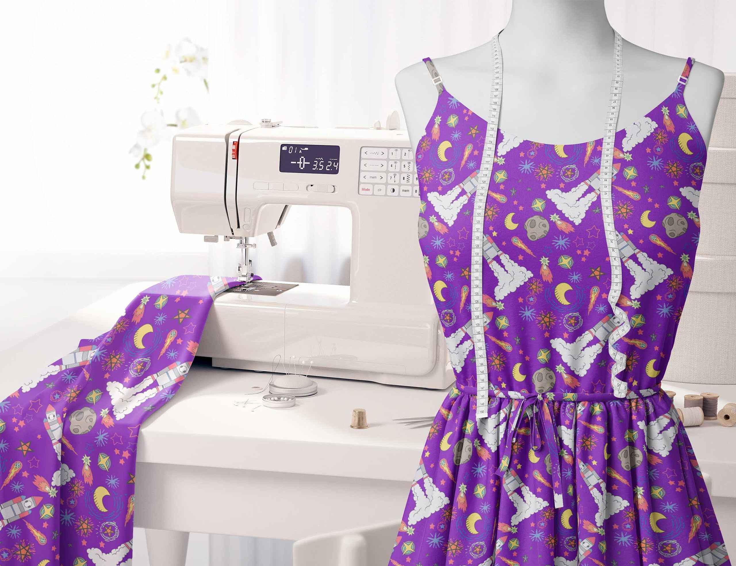 Soimoi Moss Georgette Purple Fabric by The Yard - 42 Inch Wide Stars & Rocket Galaxy Printed Fabric for Sewing, Dresses, Curtains & DIY Crafts - Lightweight & Vibrant Material for Fashion Design & Home Decor