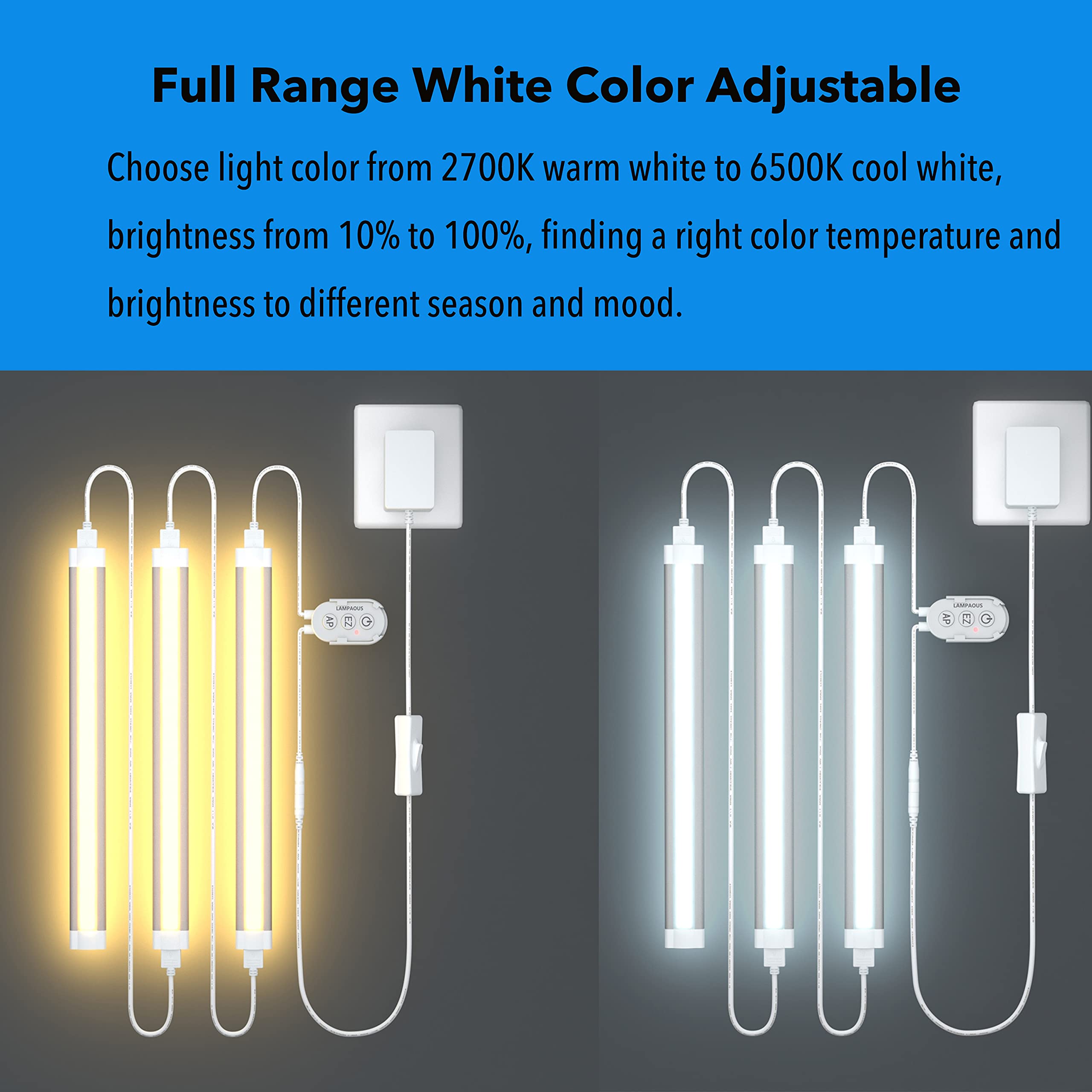 Smart LED Under Cabinet Lighting Dimmable Strip Lights - 6 Pack, Warm/Daylight/Cool White Adjustable, Alexa & Google Assistant Compatible, Phone App Control - Perfect for Kitchen, Cupboard, Shelf, Countertop, and Closet Lighting