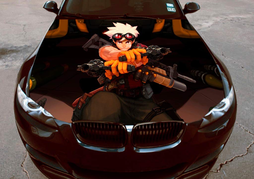 Premium Vinyl Car Hood Wrap - Full Color Anime Manga Graphic Decal with Guns Design (59