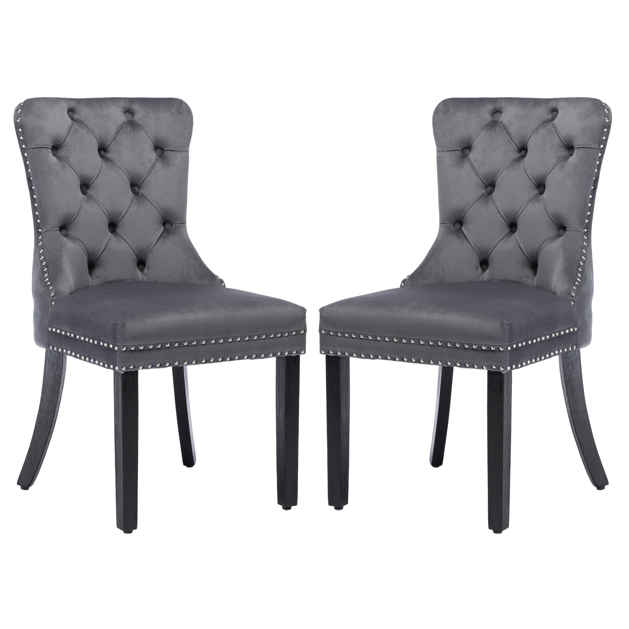 Luxury Velvet Dining Chairs Set of 2 - Modern Upholstered Tufted Kitchen Chairs with Nailhead Trim & Solid Wood Legs, Grey Nikki Collection for Dining Room, Restaurant or Home Decor