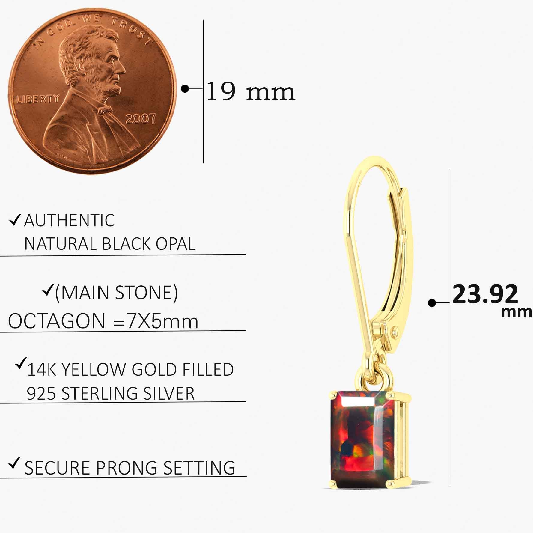 Black Fire Opal Octagon Drop Dangle Earrings for Women – Handmade Sterling Silver Gemstone Jewelry – Perfect for Parties, Weddings & Special Occasions