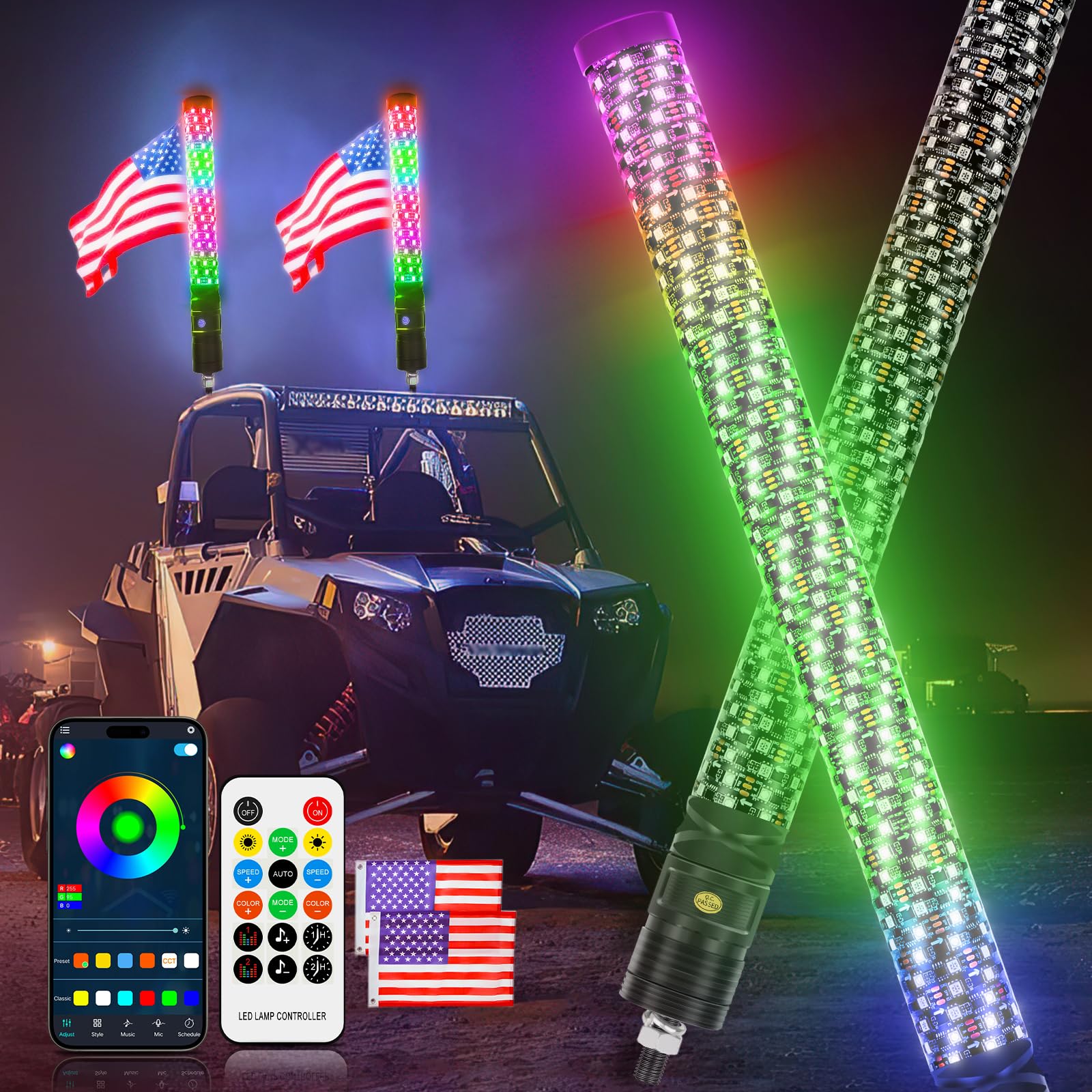 DREAMIZER 2PCS 2FT Fat Whip LED Lights - 360° Spiral Chase Offroad Warning Lighted Antenna with Turn Signal & Brake Reserving Lights for UTV ATV RZR Can-Am SXS Polaris Offroad Trucks - Perfect for Night Offroading, Trail Riding & Emergency Signaling