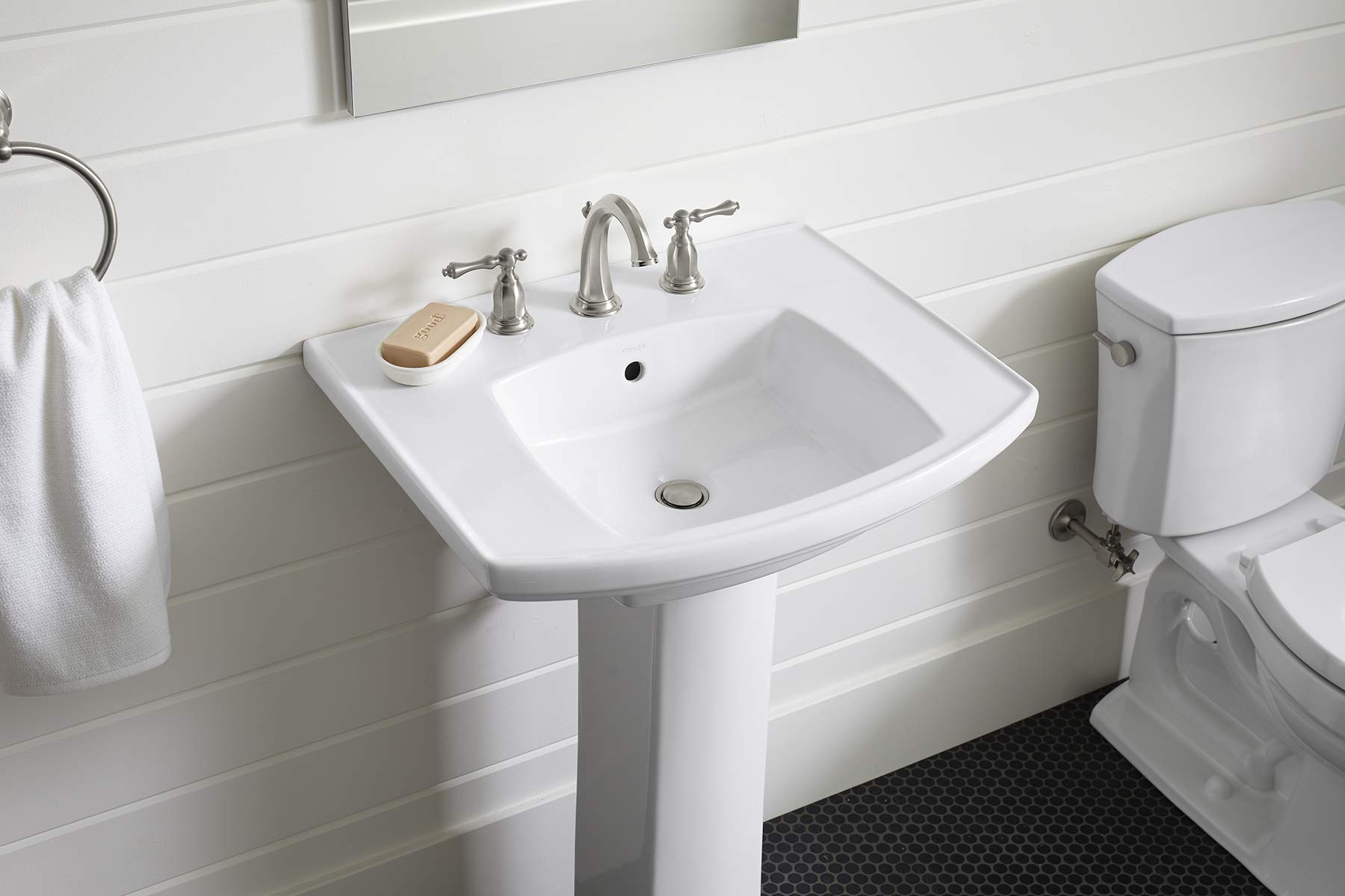 Kohler Kelston Pedestal Bathroom Sink with 8-Inch Centerset Faucet Holes - Modern Vanity Sink for Powder Rooms & Guest Bathrooms