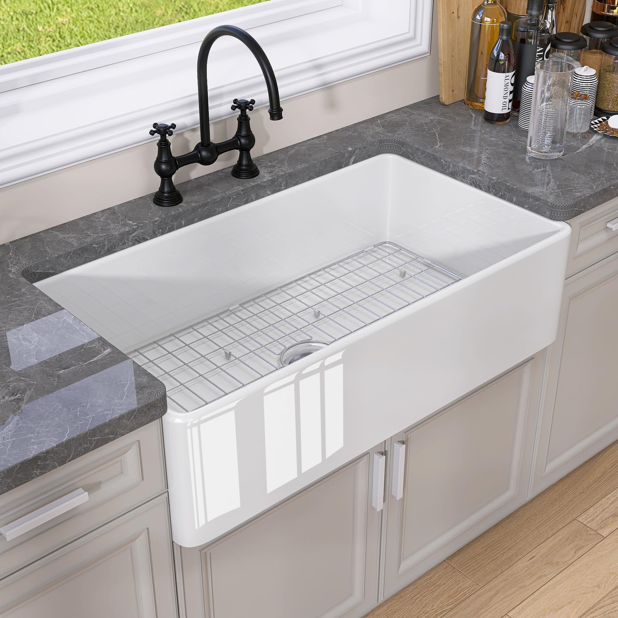 GETPRO 36 Inch White Fireclay Farmhouse Sink - Undermount Apron Front Single Bowl Kitchen Sink with Accessories | Modern Deep Basin for Farmhouse, Cottage & Rustic Kitchens