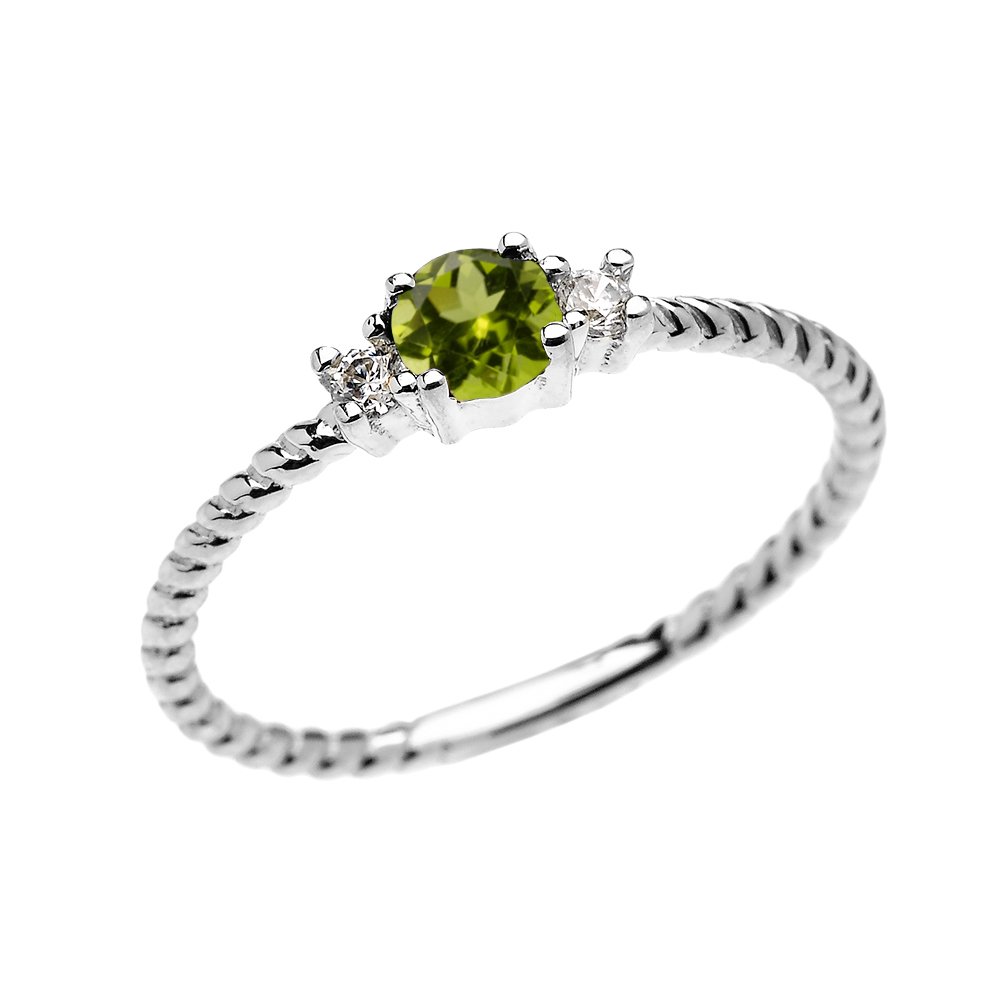 10K White Gold Dainty Solitaire Peridot & White Topaz Rope Design Stackable Ring for Women | Elegant Proposal, Engagement & Wedding Jewelry Gift | Perfect for Anniversary, Valentine's Day & Special Occasions