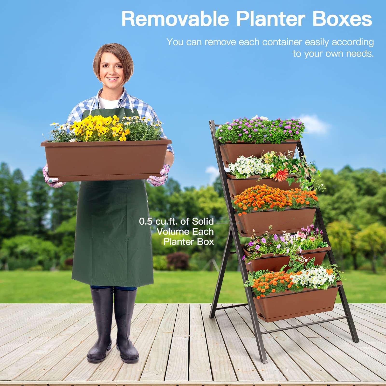 Safstar 5-Tier Vertical Raised Garden Bed - Freestanding Planter with 5 Container Boxes for Vegetables, Fruits, Flowers & Herbs - Indoor & Outdoor Elevated Gardening Solution (Brown, 2 Pack) - Perfect for Small Spaces, Balconies, Patios & Urban Gardening