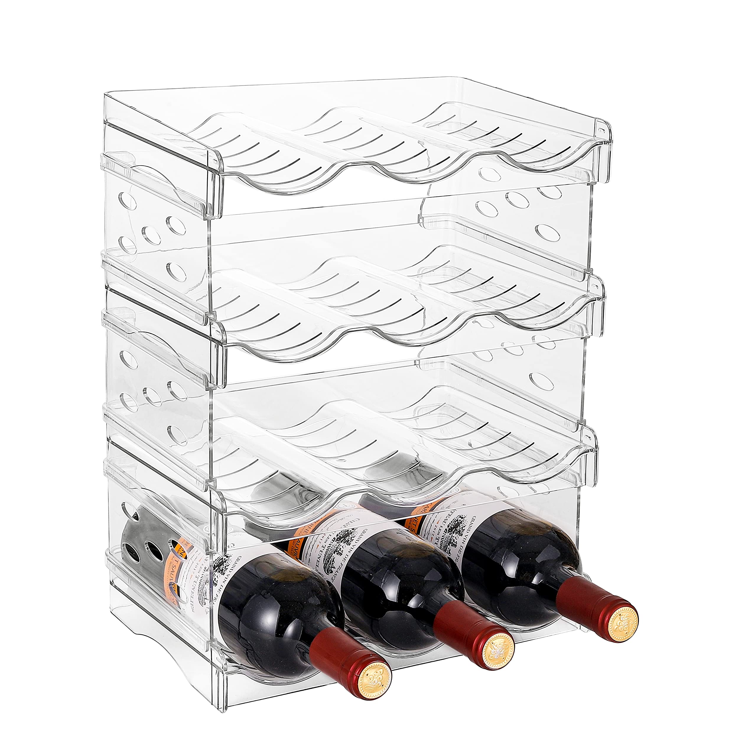 4 Pack Stackable Wine & Water Bottle Organizer - Clear Plastic Fridge Storage for Cabinet, Refrigerator, Pantry - Holds 12 Bottles | Perfect for Kitchen Countertops, Party Serving & Small Space Organization