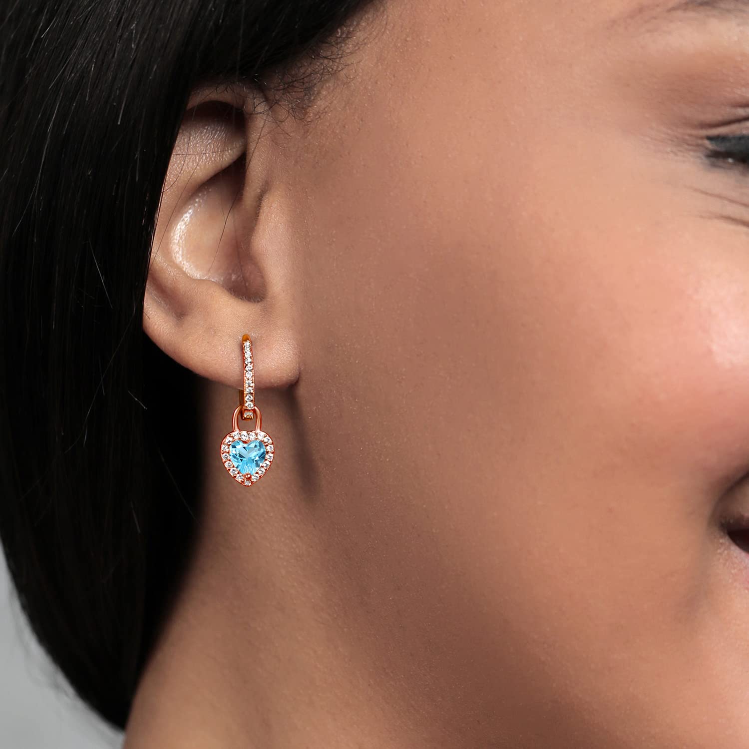 18K Rose Gold Plated Silver Heart Gemstone Birthstone Earrings with White Created Sapphire | 6MM Heart Shape Drop Dangle Earrings for Women | Perfect Gift for Birthday, Anniversary & Valentine's Day