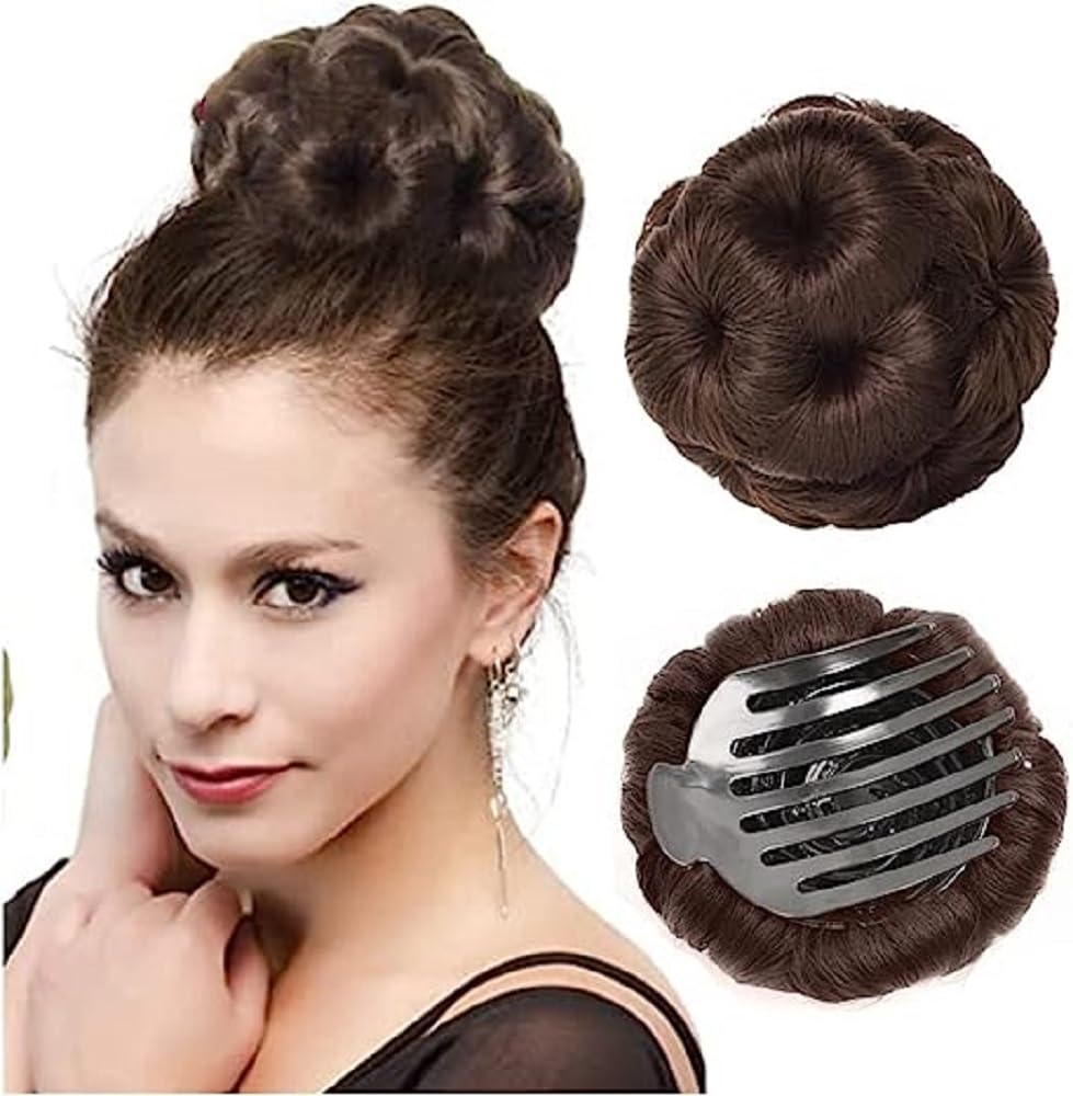 VIEWS Women's Hair Bun Clip Extensions - Stylish Artificial Fake Hair Donut Bun Maker for Women (Brown) | Perfect for Updos, Ponytails & Special Occasions