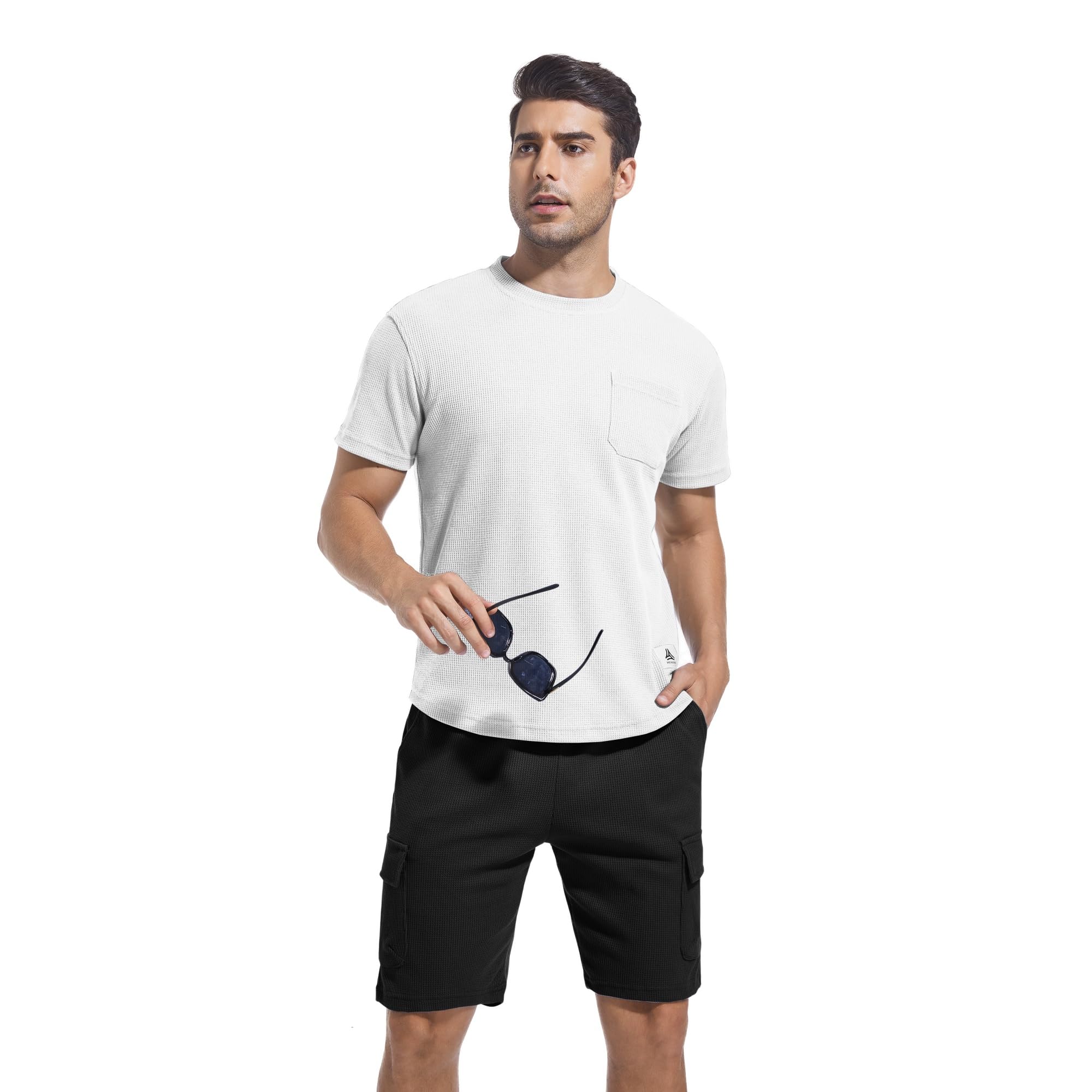 ANOTWENER Men's 2-Piece Summer Outfit - Soft Waffle Knit T-Shirt & Breathable Shorts Set for Beach Vacation, Pool Party & Casual Wear