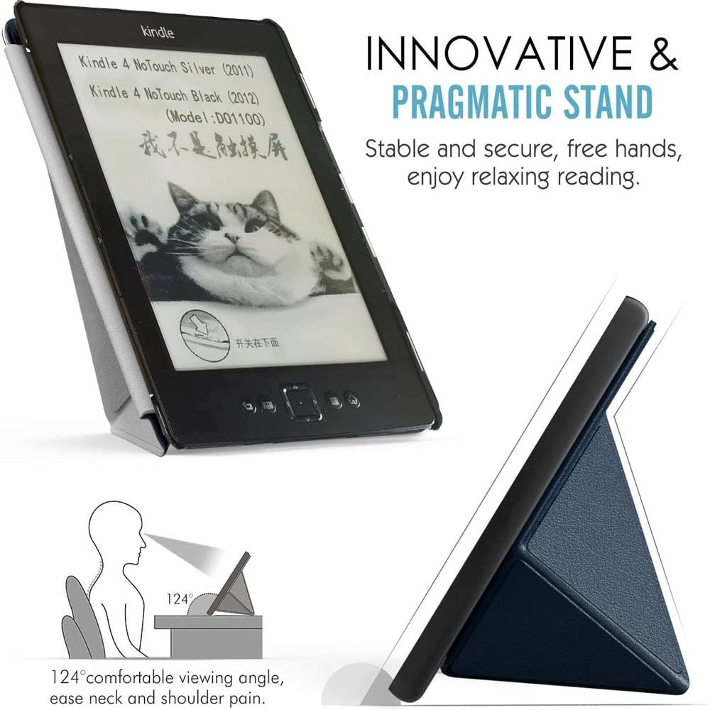 Premium PU Leather Magnetic Smart Case for Kindle 4/4th Generation 2011 (D01100) & Kindle 5/K5/K4/K4S/K4B 2012 - Dark Blue Protective Cover - Perfect for Reading, Travel & Daily Use