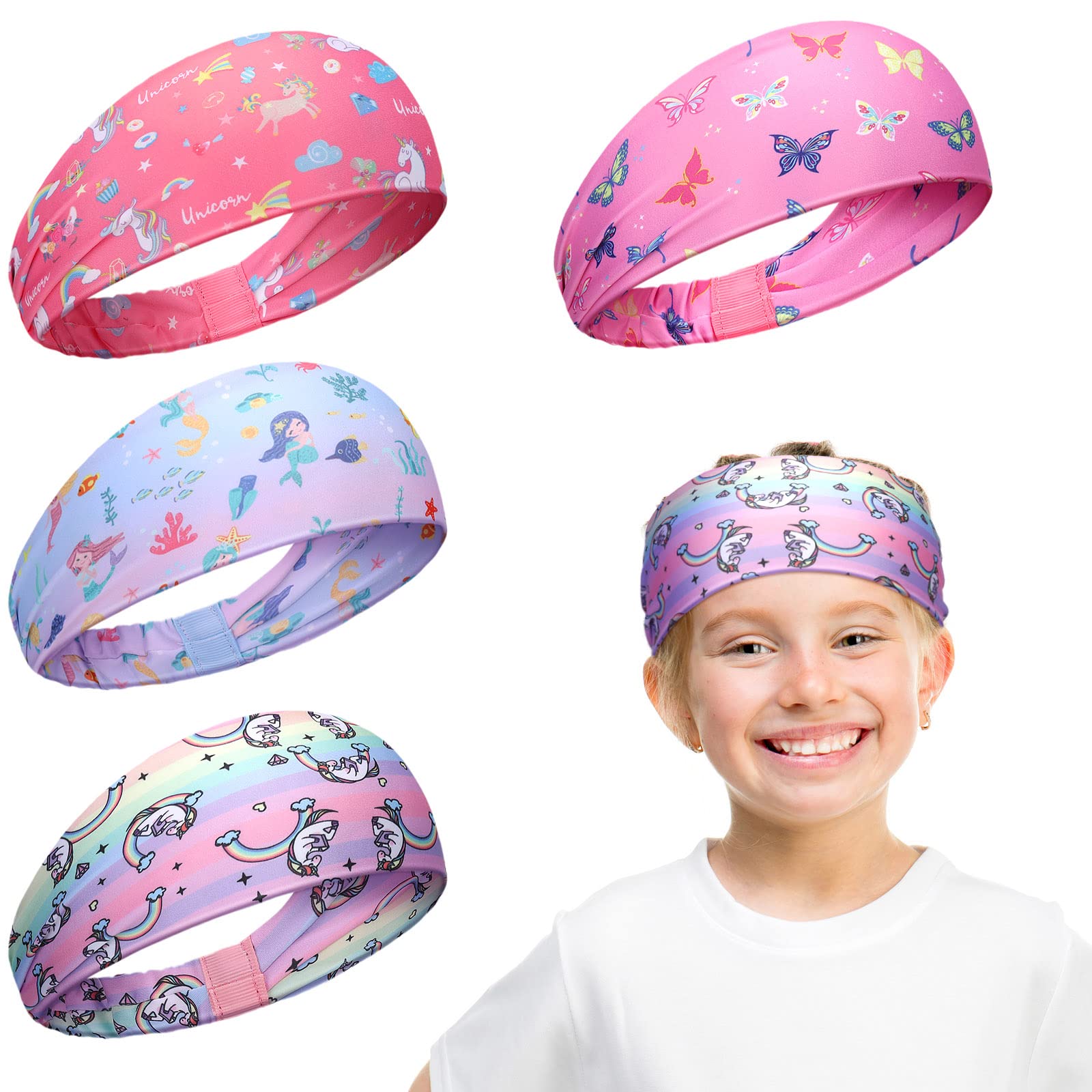 4 Pack Kids Sports Headbands for Girls - No-Slip Wicking Elastic Sweatbands - Cute Unicorn & Mermaid Hairbands for Yoga, Soccer, Tennis & Workout - Perfect for Active Girls & Youth Exercise (Unicorn)