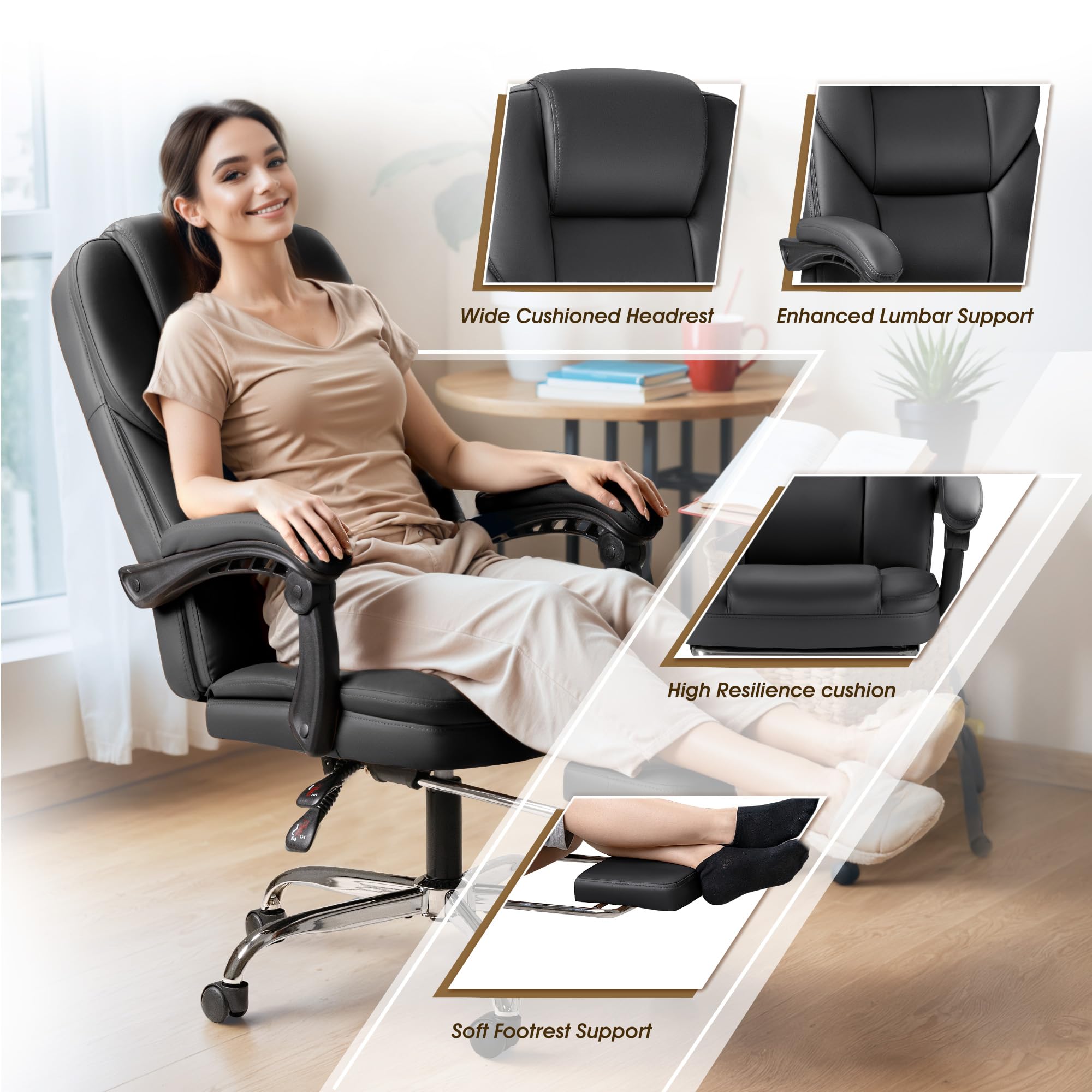 Furmax Ergonomic Executive Office Chair with Footrest - High Back Reclining Leather Desk Chair for Big & Tall - 400LBS Capacity, Lumbar Support - Perfect for Home Office & Gaming (Black)