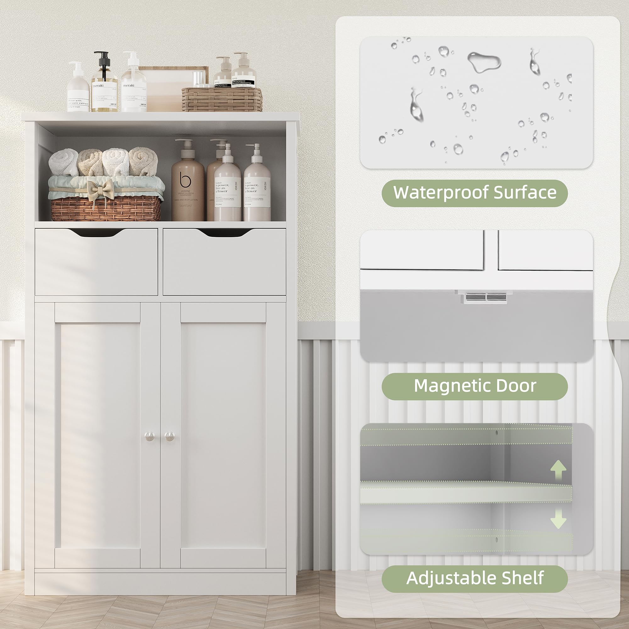 Shintenchi Storage Cabinet with Doors & Drawers - White for Bathroom, Kitchen & Living Room