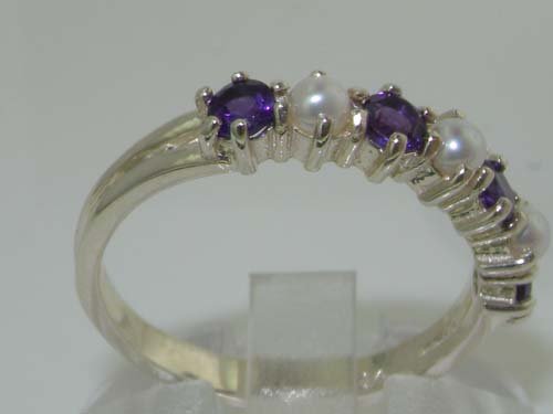 Solid Sterling Silver Ring with Natural Amethyst & Pearl - Elegant Ladies Eternity Band for Wedding, Anniversary & Special Occasions