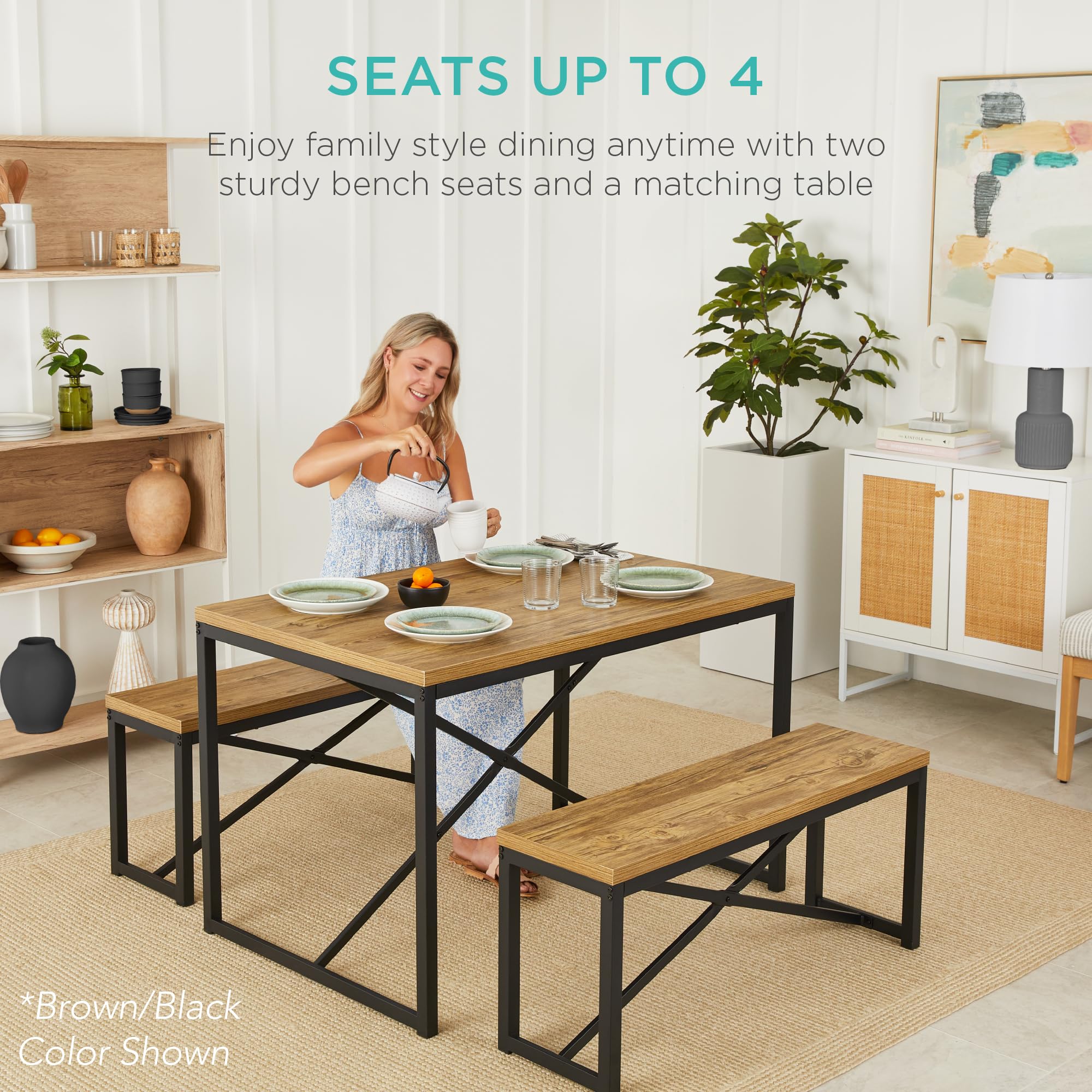 Best Choice Products 45.5in 3-Piece Space-Saving Dining Set with Table & 2 Benches - Oak/White Finish for Kitchen, Breakfast Nook or Small Dining Room | Compact 4-Person Dinette Furniture for Apartments & Cozy Homes