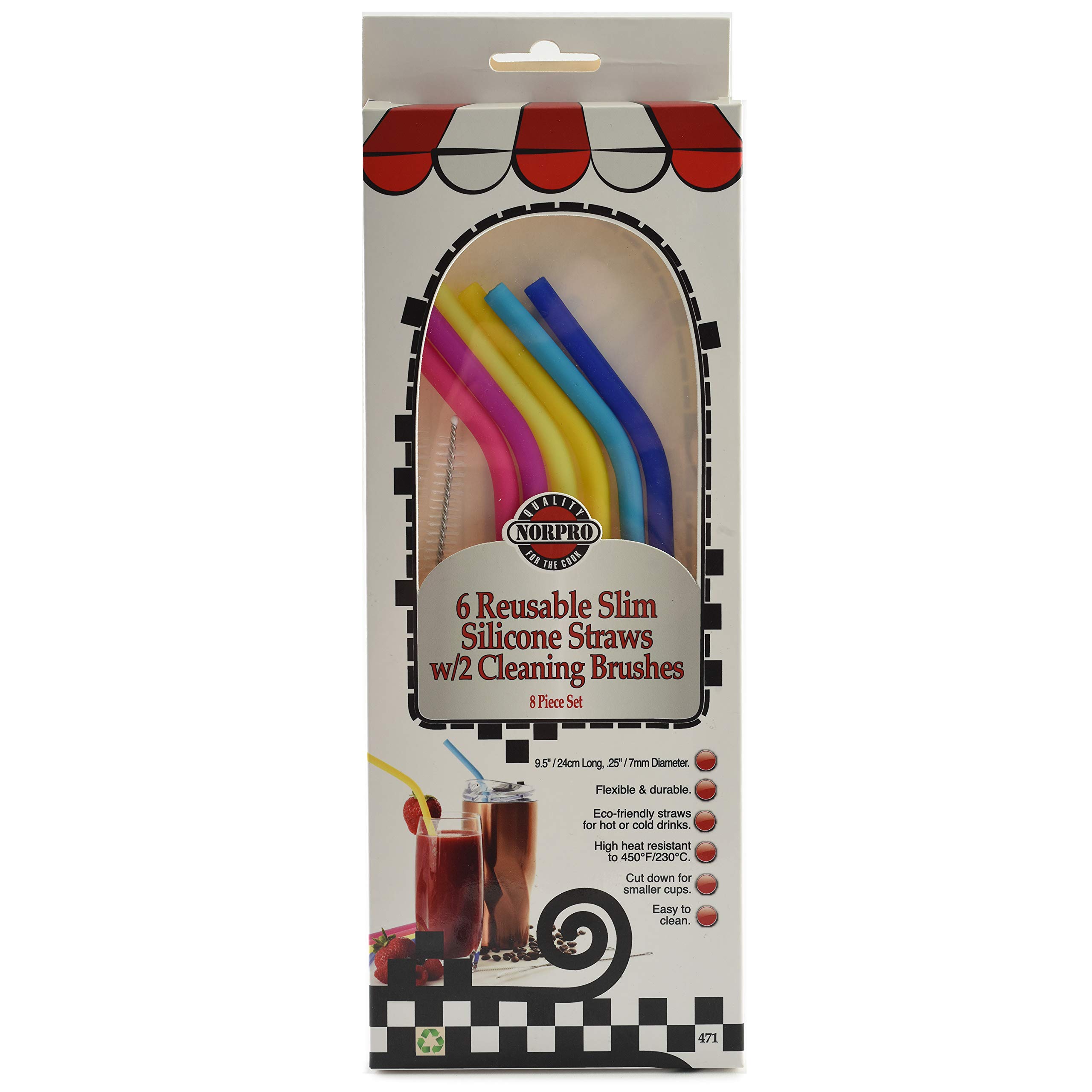Norpro 471 Reusable Slim Silicone Drinking Straws with 2 Cleaning Brushes - Eco-Friendly, BPA-Free, Flexible & Durable for Smoothies, Iced Coffee, Cocktails & Home/Office Use