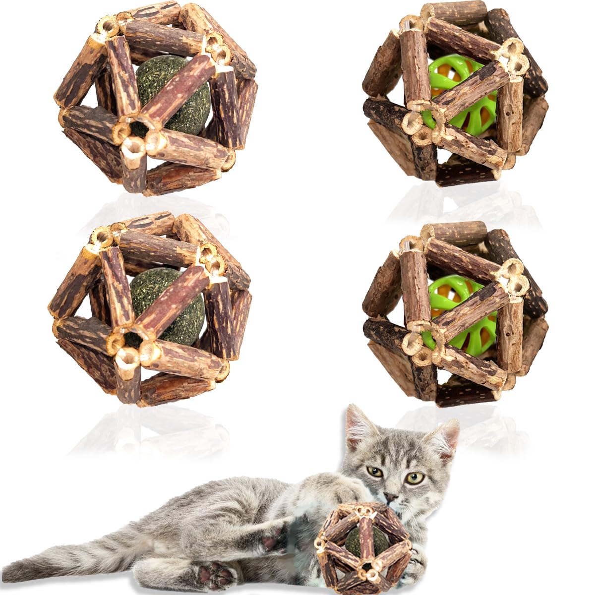 QUVOVID 4-Pack Catnip Toys for Cats - Natural Silvervine Stick Cage with Bell Balls, Dental Cleaning & Relaxing Cat Toys for All Breeds - Perfect for Playtime, Training & Stress Relief