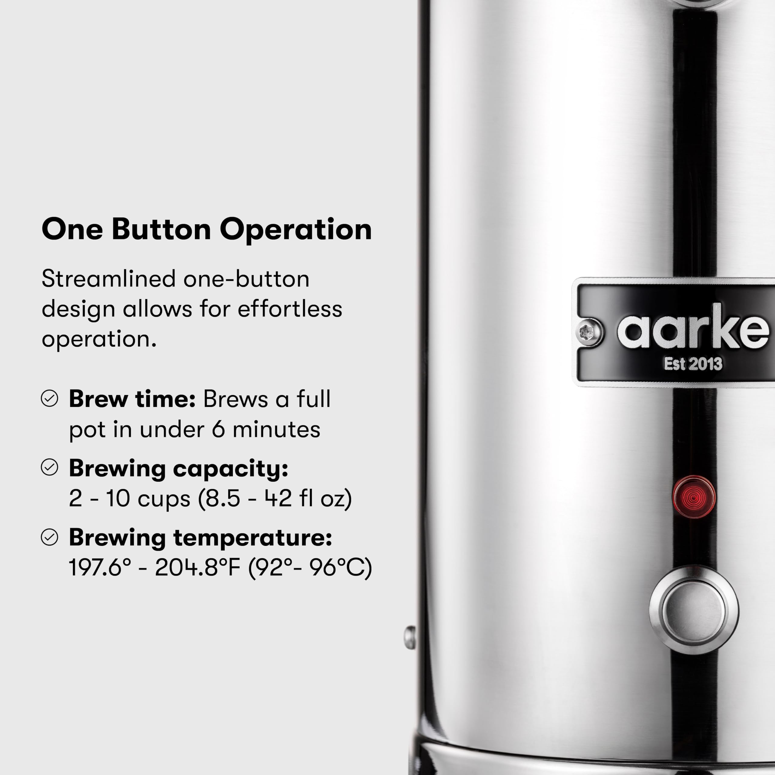Aarke Electric Drip Coffee Maker - Stainless Steel Filter Coffee Brewer with Glass Carafe & Smart Hot Plate (2-10 Cups, 250mL-1.25L) - Perfect for Home, Office and Restaurant Use