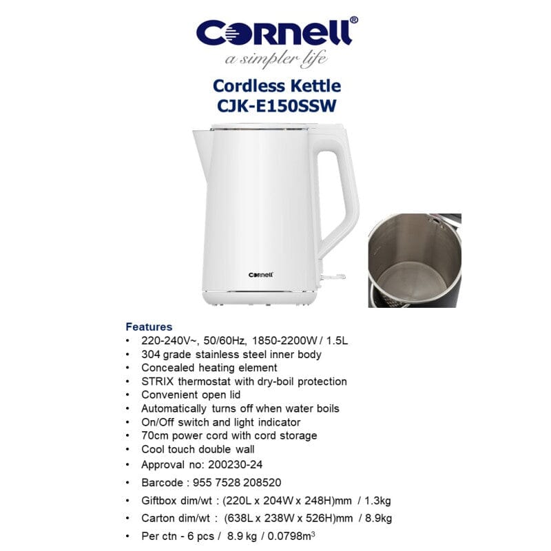 Cornell CJKE150SSB/SW 1.5L Stainless Steel Cordless Electric Kettle - Cool Touch Double Wall, Fast Boiling, Auto Shut-Off - Perfect for Home, Office & Dorm Use