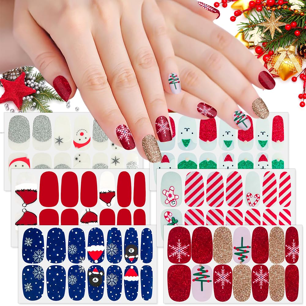 SILPECWEE 6 Sheets Christmas Nail Polish Strips for Women - Self-Adhesive Nail Wraps, Manicure Stickers with Nail File - Holiday Nail Art Accessories for Fingernails & Toes - Perfect for Parties, Gifts & Festive Nail Designs