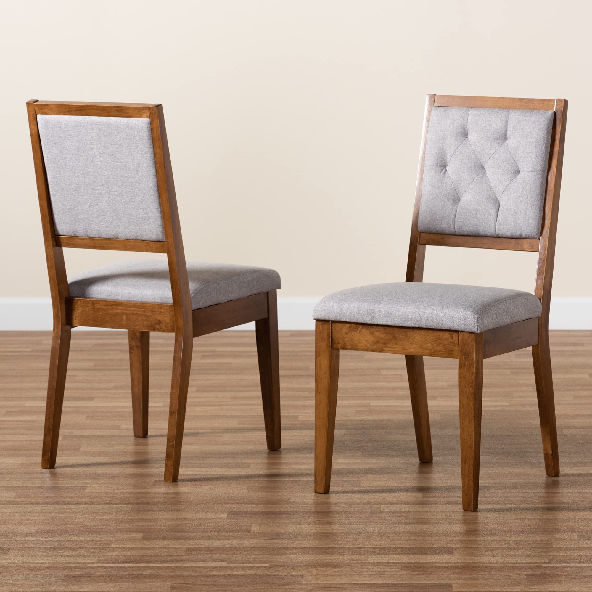 Baxton Studio Gideon 2-Piece Dining Chair Set - Grey Fabric Upholstered & Walnut Brown Wood Finish - Modern Kitchen & Dining Room Chairs for Home & Restaurant Use