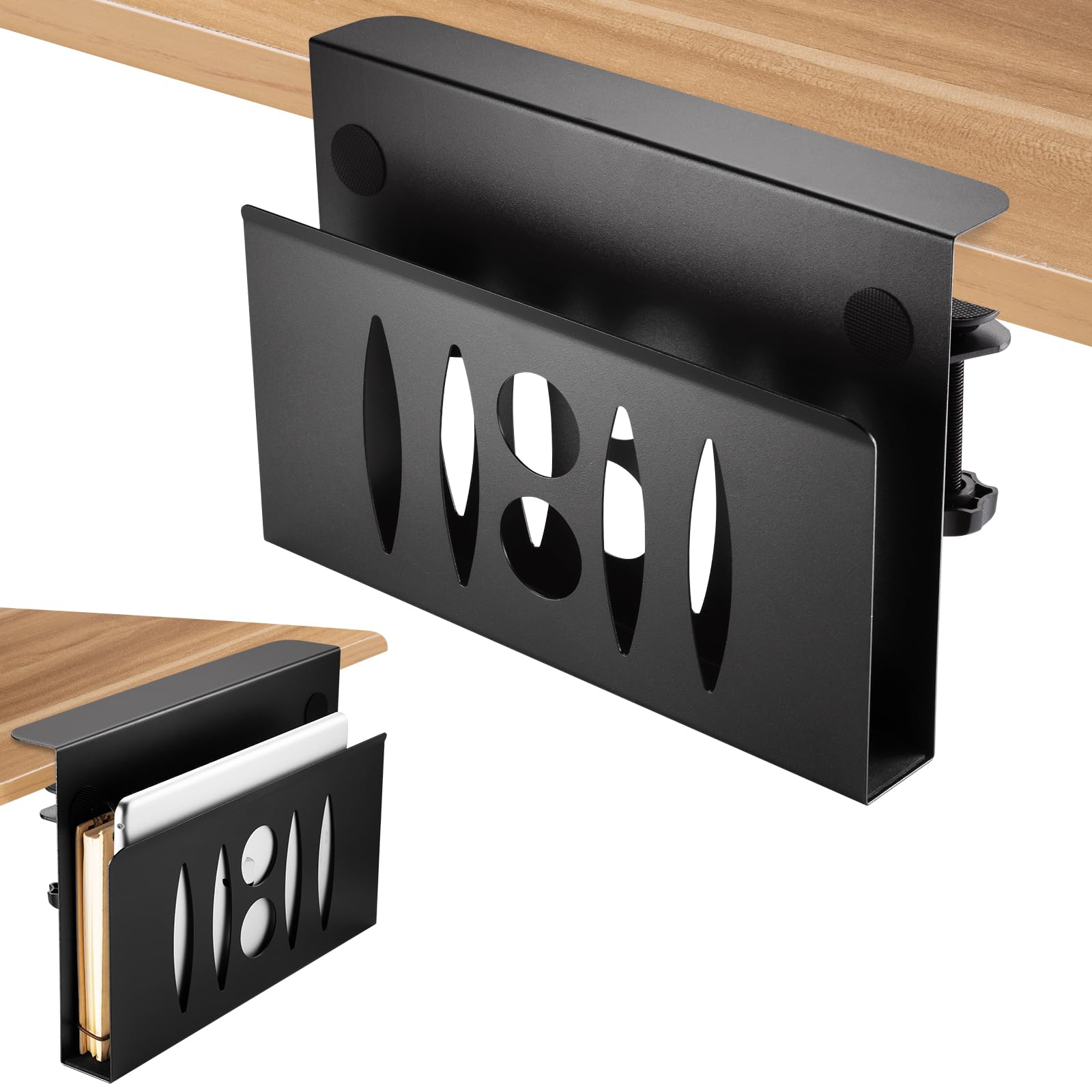 Under Desk Storage Organizer - No Drill Steel Hanging Laptop Holder for Office & Home (Black) | Space-Saving Desk Side Storage Solution for Small Workspaces & Home Offices