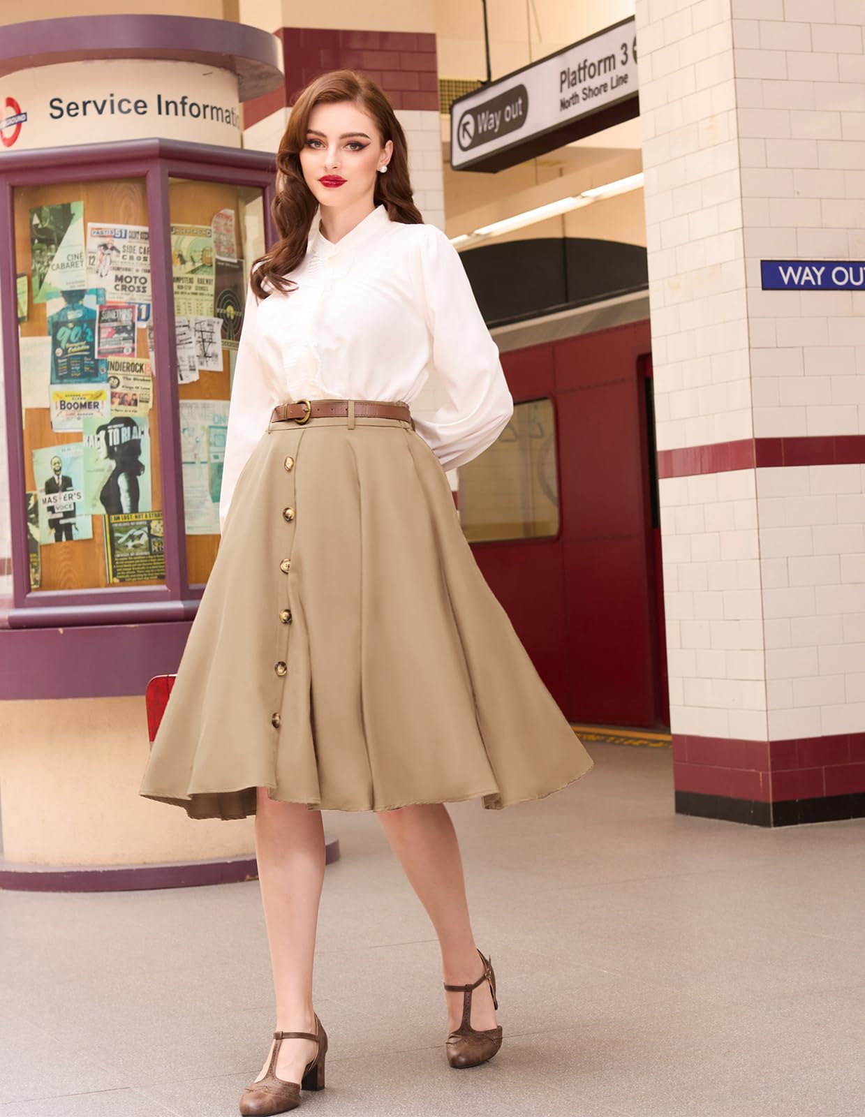 Belle Poque Women's Vintage Stretch High Waist A-Line Flared Midi Skirt with Pockets & Belt - Retro Fashion for Casual Outings, Office Wear & Date Nights