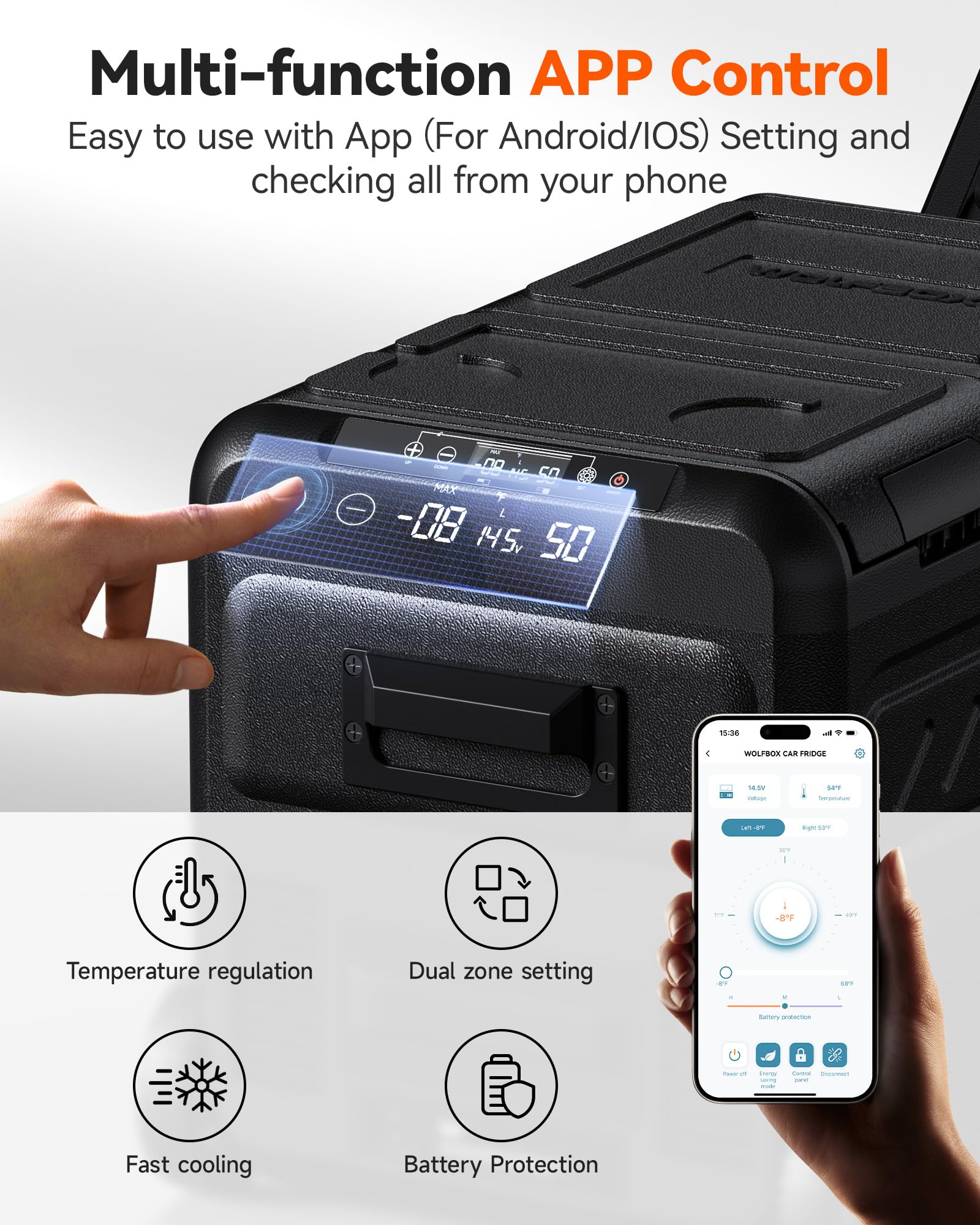 WOLFBOX 12V 40 Quart Dual Zone Car Refrigerator & Freezer (-8℉~68℉) - Portable Electric Cooler with APP Control for Car, RV, Camping, Travel & Home Use - 12/24V DC & 100/240V AC Power - Perfect for Road Trips, Outdoor Adventures & Emergency Storage