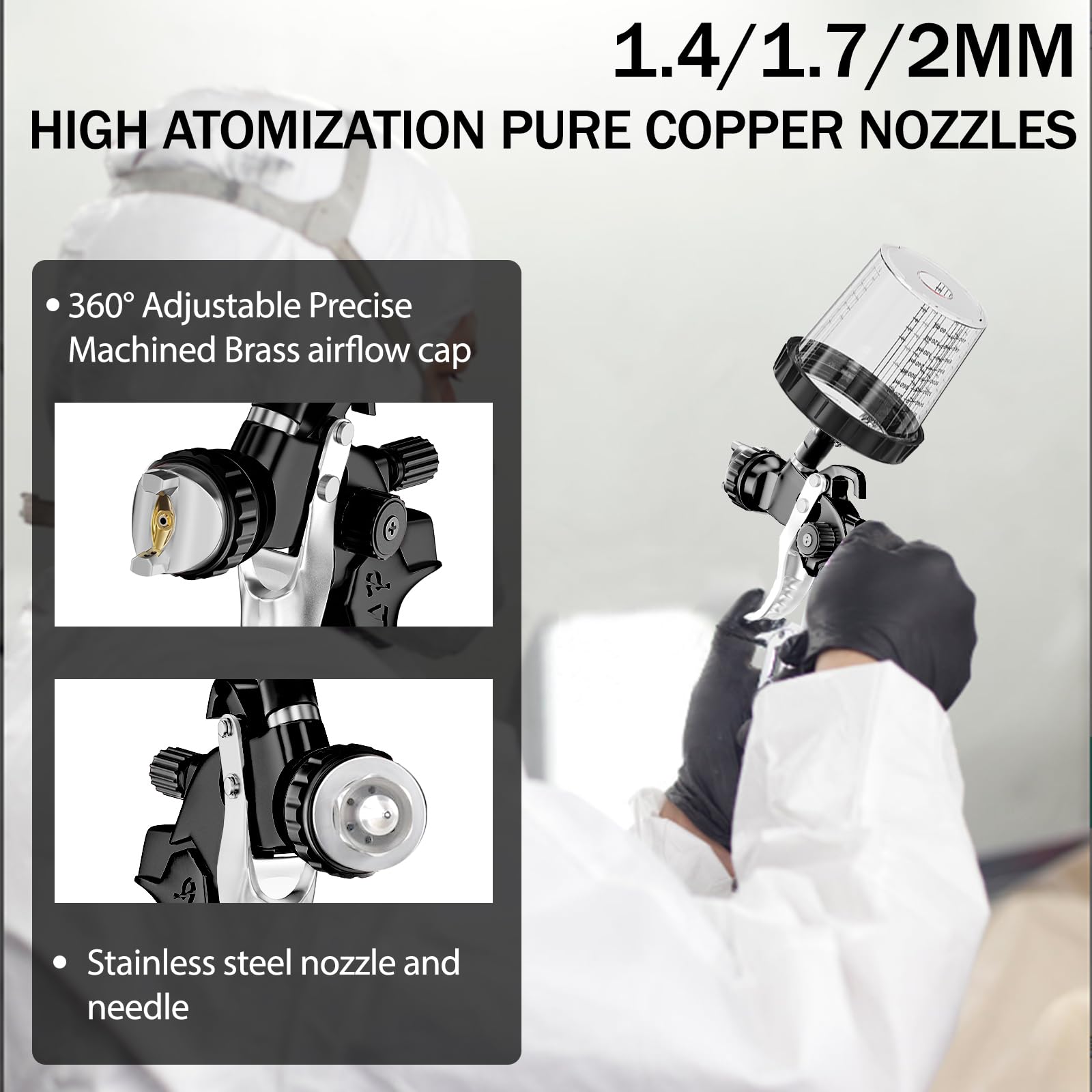 Professional HVLP Air Spray Gun Kit with 1.4/1.7/2mm Nozzles & Regulator - Includes 10pc 600cc Mixing Cups with Lids - Perfect for Automotive Painting, Home Improvement, Furniture Refinishing & DIY Projects