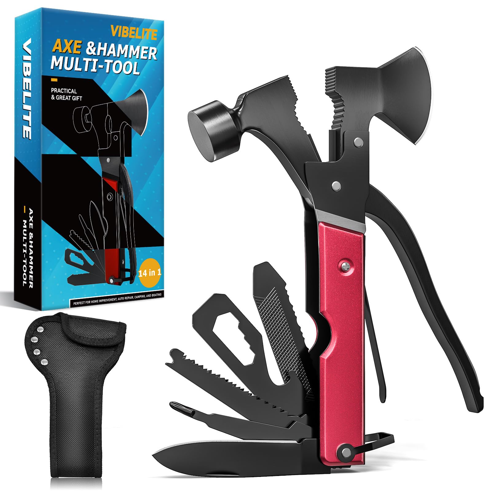 15-in-1 Multitool Axe for Camping, Hunting & Hiking - Perfect Gift for Men, Husband, Boyfriend or Dad - Birthday Gadget Ideas - Great for Outdoor Adventures, Survival Gear & DIY Projects