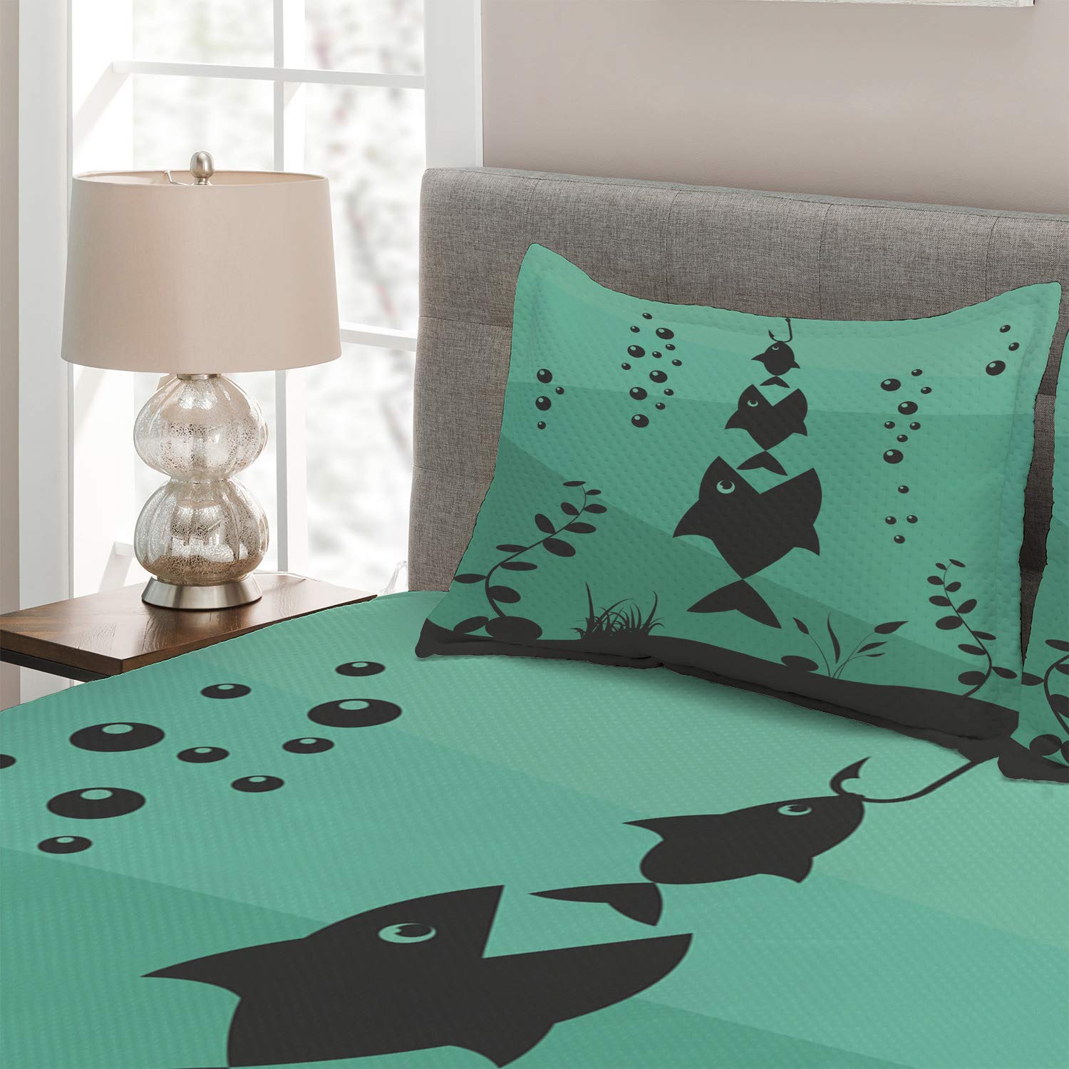 Ambesonne Queen Size 3-Piece Quilted Bedspread Set - Underwater Ocean Theme with Big Fish Eats Small Fish Design, Includes 2 Pillow Shams (Teal Grey) | Perfect for Coastal Bedroom Decor, Beach House Master Suite or Nautical Themed Guest Room