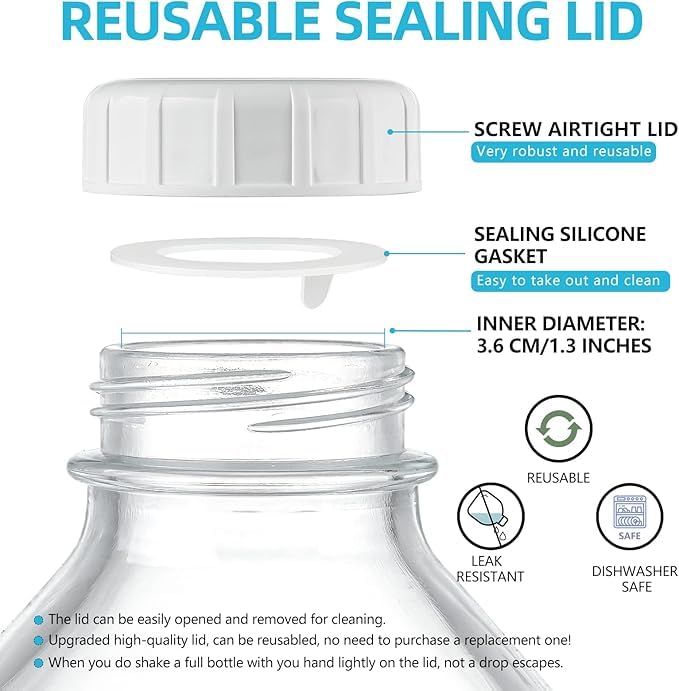 1/2 Gallon Heavy Duty Glass Milk Bottle with Reusable Airtight Screw Lid - 2 Qt Glass Water Bottle - Glass Milk Jug Pitcher with 2 Exact Scale Lines - Perfect for Refrigerator Storage, Meal Prep, Coffee Creamer & Homemade Beverages