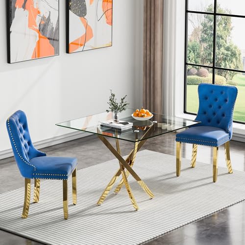Gold Square Table With 2 Blue Chairs