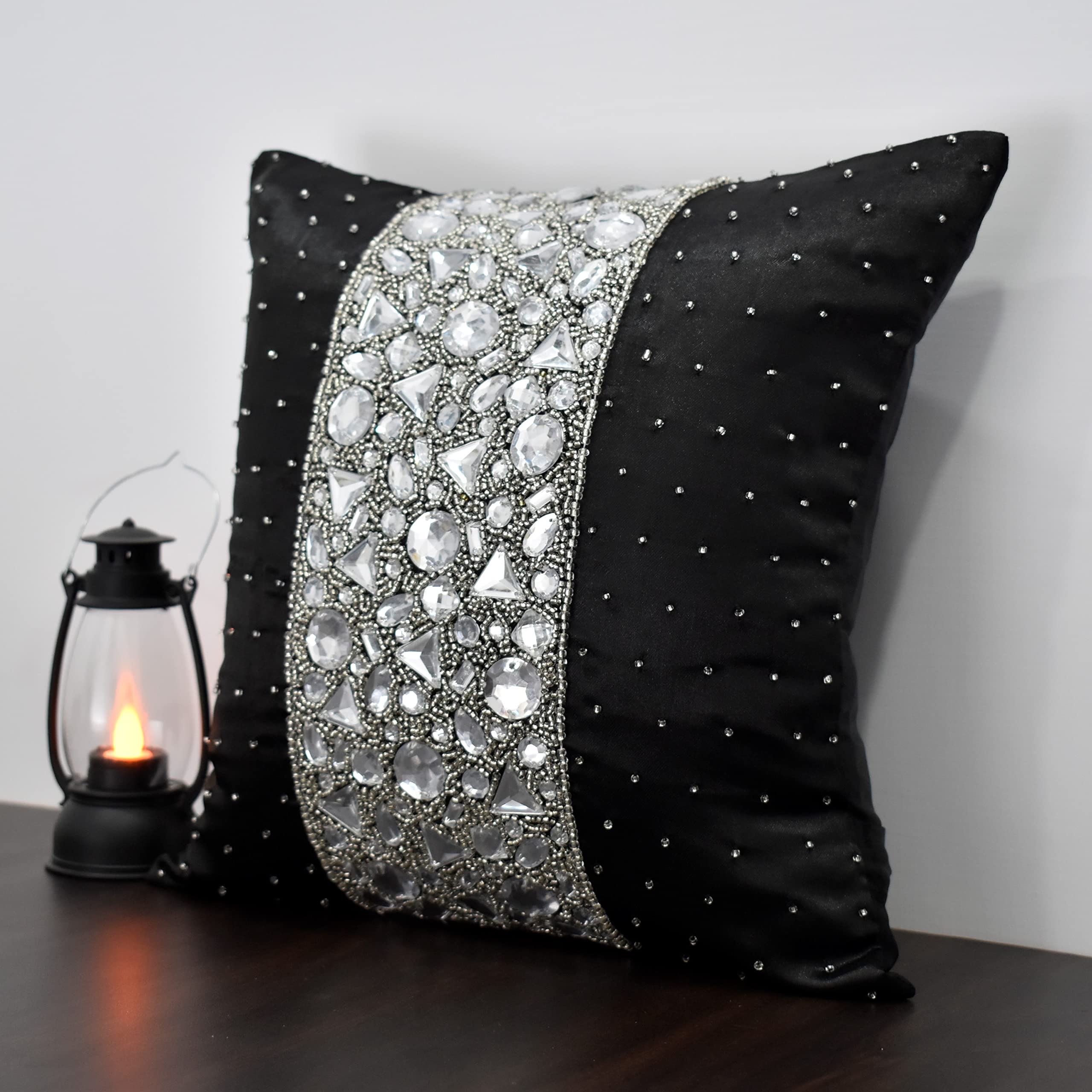 Handmade Black Silver Beaded Throw Pillow Cover - 22x22 Inch Luxury Embroidered Decorative Cushion Cover for Sofa, Bedroom & Living Room Decor