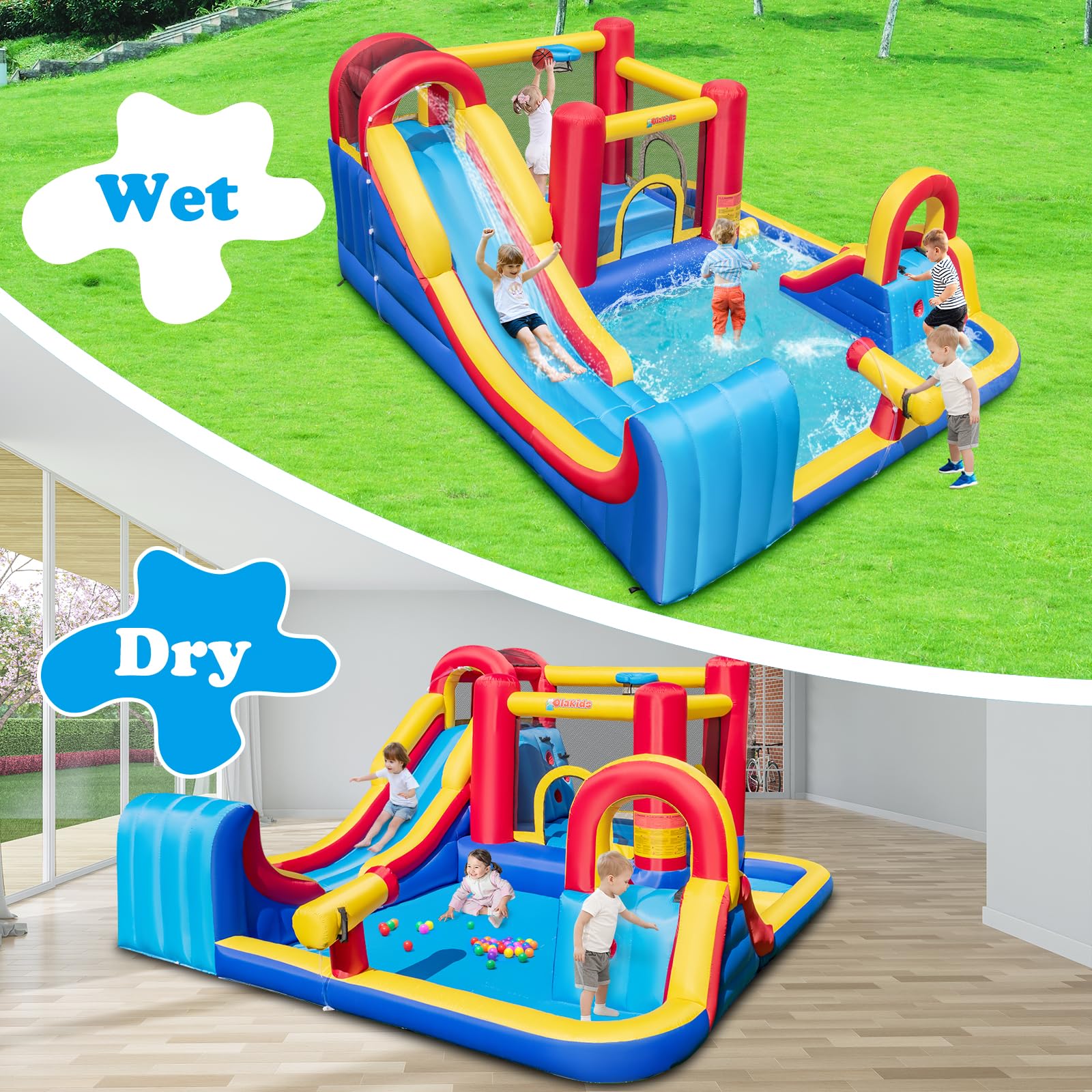 **OLAKIDS Inflatable Water Slide - 8-in-1 Bounce House Water Park with 2 Slides, Splash Pools, Climbing Wall, Water Gun & Basketball Rim | Outdoor Inflatable Obstacle Course for Kids | Perfect for Backyard Parties, Summer Fun & Outdoor Play**