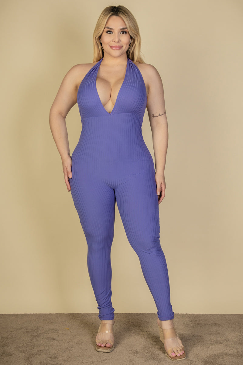 Plus Size Halter V Neck Ribbed Bodycon Jumpsuit for Women - Stretchy Slim Fit Romper for Curvy Figures - Perfect for Parties, Date Nights & Summer Outings