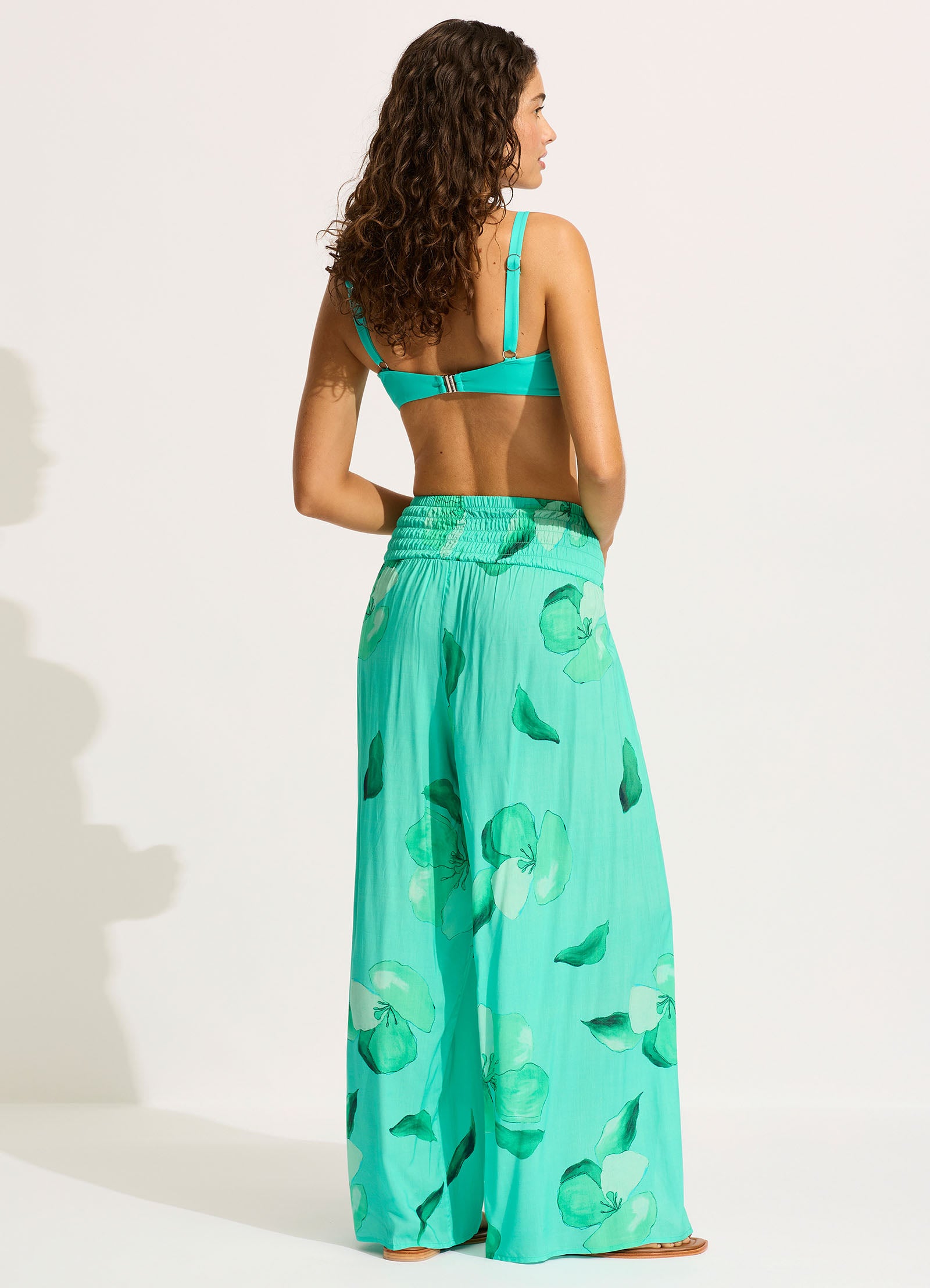 Secret Garden Shirred Wrap Pants - Comfortable High Waisted Flowy Lounge Pants for Women, Jade Green - Perfect for Yoga, Meditation, and Relaxing at Home