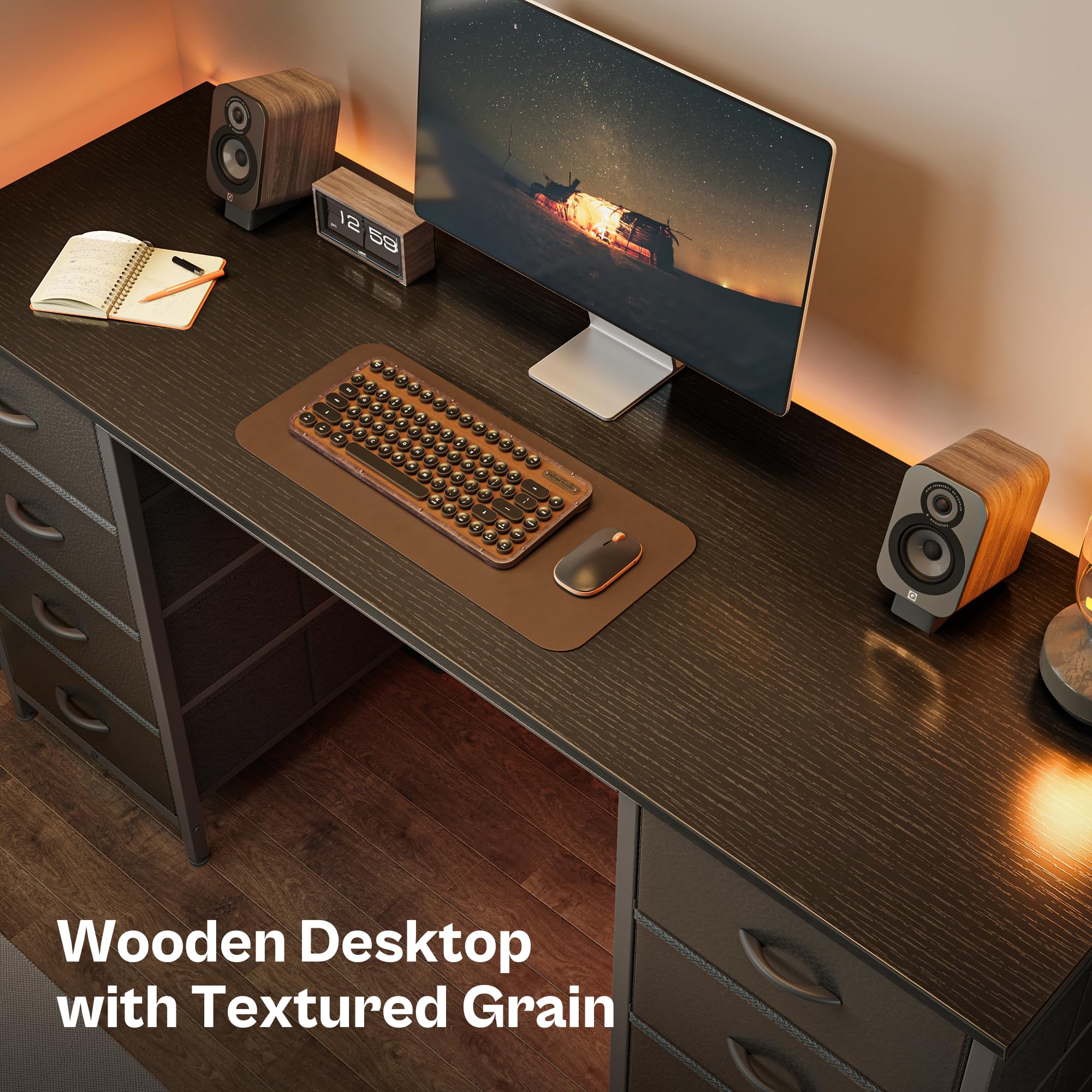 Huuger 55 Inch Computer Desk with 8 Fabric Drawers - Large Home Office Desk for Work, Study & Gaming - Black Storage Desk with Drawers | Perfect for Small Spaces, Remote Work & Gaming Setups