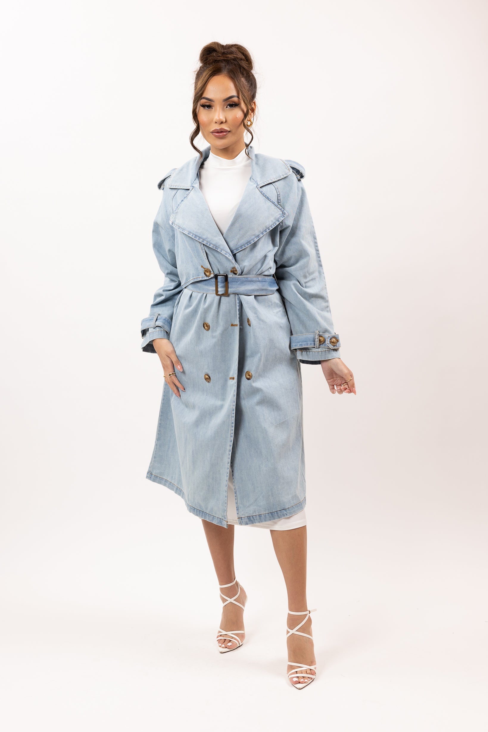 Stylish Light Denim Trench Coat for Women - Classic Long Jacket with Belt - Perfect for Spring & Fall Fashion, Office Wear and Casual Outings