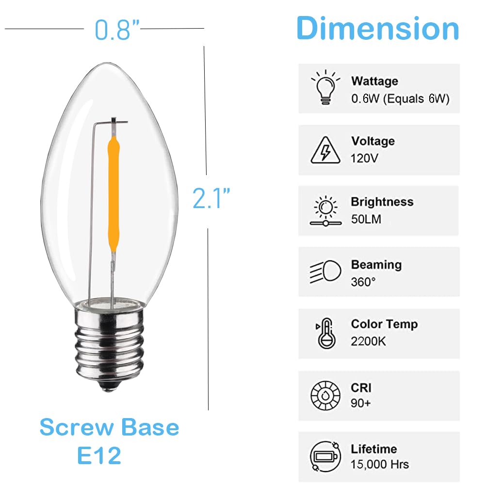 25-Pack LED Night Light Bulbs - Shatterproof C7 E12 Base Replacement Bulbs for String Lights & Salt Lamps - 0.6W (7W Equivalent) Warm White 2200K 50LM - Perfect for Bedrooms, Christmas Decor & Cozy Ambiance
