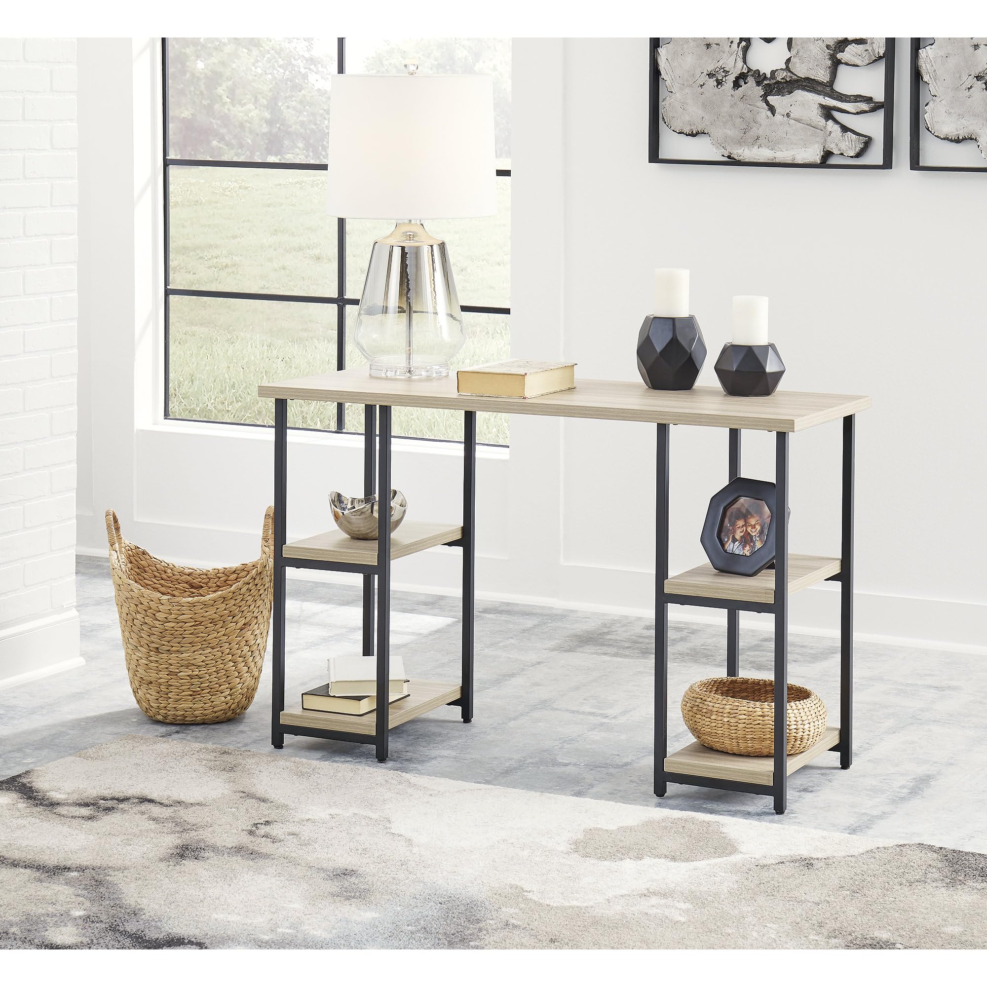 Signature Design by Ashley Waylowe Industrial Home Office Desk - Beige & Black Wooden Writing Table for Modern Workspace | Perfect for Small Office, Study Room & Home Office Setup