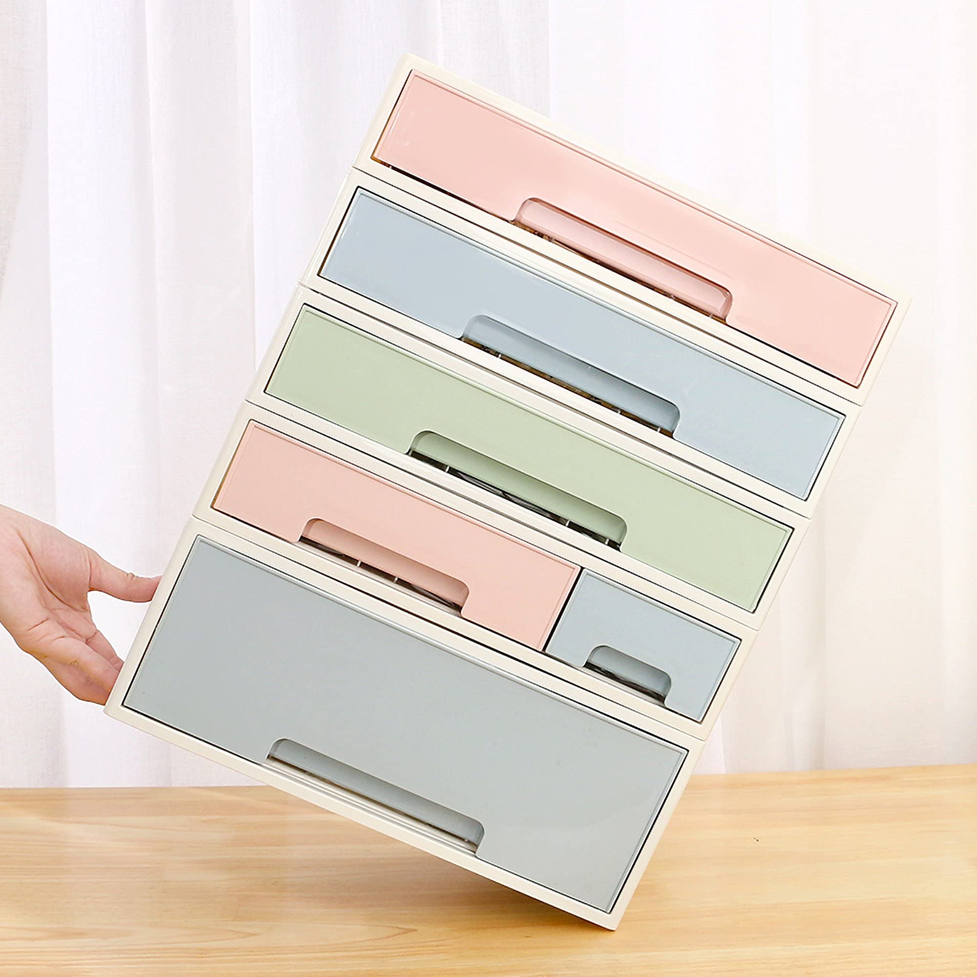 5-Drawer Makeup Organizer & Cosmetic Storage Box - Desktop Stationery Holder, Remote Control Organizer, Kitchen Spice Box (4-Piece Set, Blue/Pink/Green) - Perfect for Bedroom Vanity, Office Desk & Kitchen Counter Organization