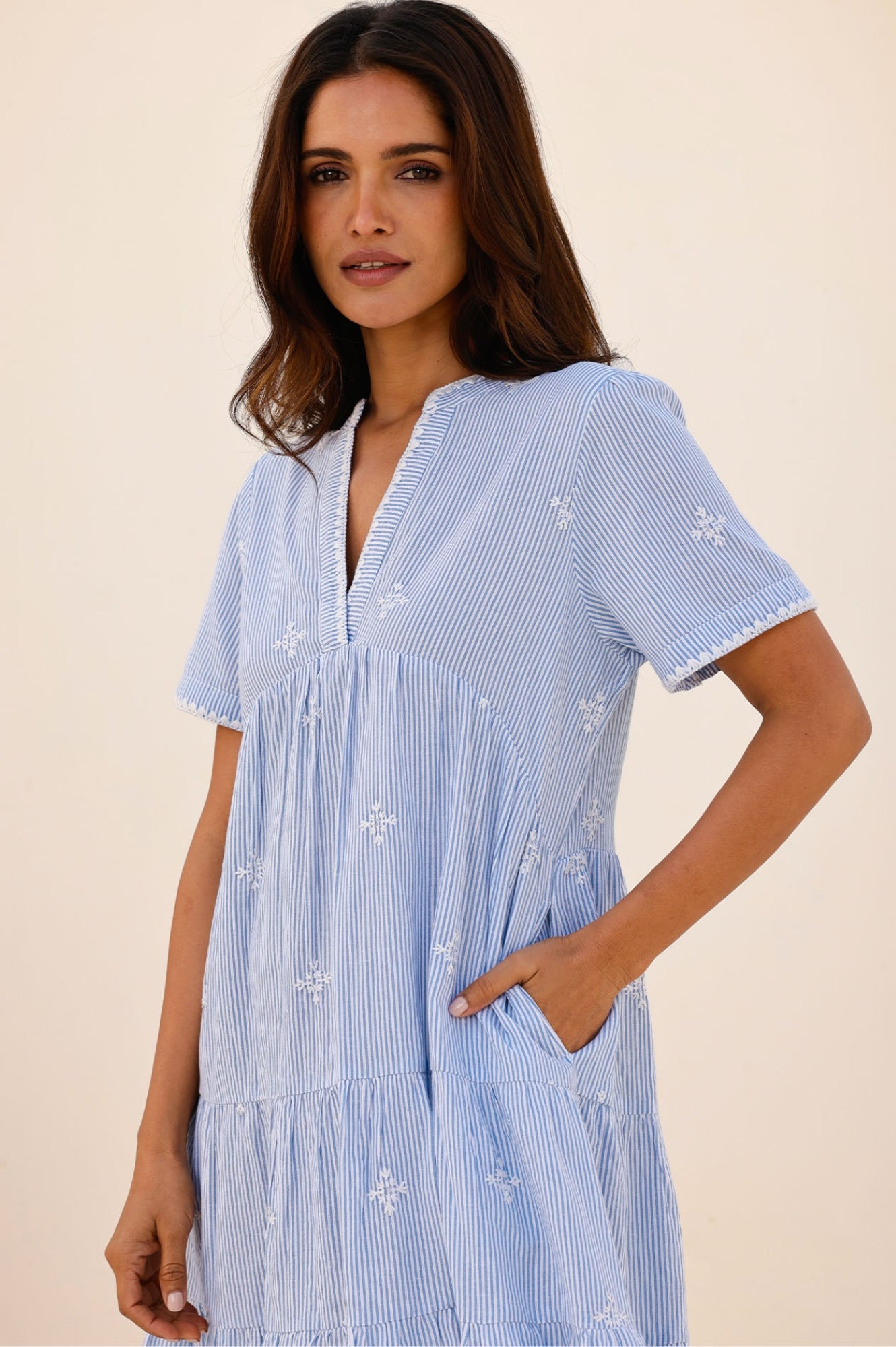 India Embroidered Organic Cotton Dress | Stripe Blue/White | Boho Chic Summer Dress for Women | Perfect for Beach Vacations & Casual Outings
