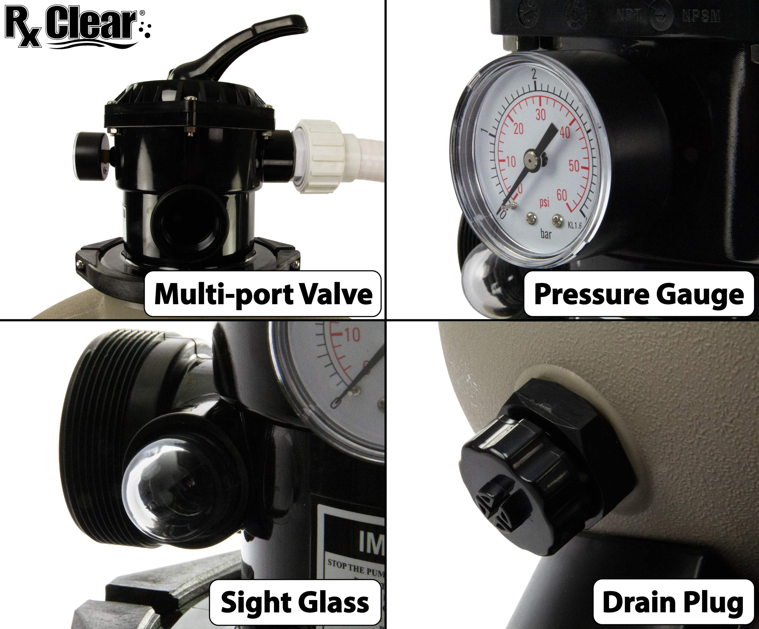 Rx Clear Radiant Sand Filter for Above Ground Pools - 16 Inch Tank, 6-Position Valve, 1.5