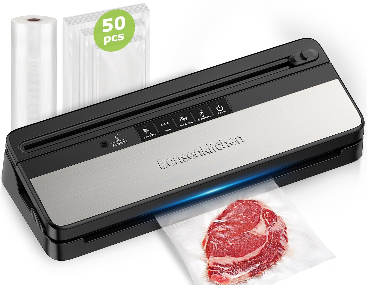 Bonsenkitchen Vacuum Sealer Machine - Automatic Food Sealer with 50 Bags & 1 Roll, Built-in Cutter | High-Speed Continuous Sealing for Meat, Cheese, Vegetables | Compact Design for Kitchen, Camping & Meal Prep (Black)