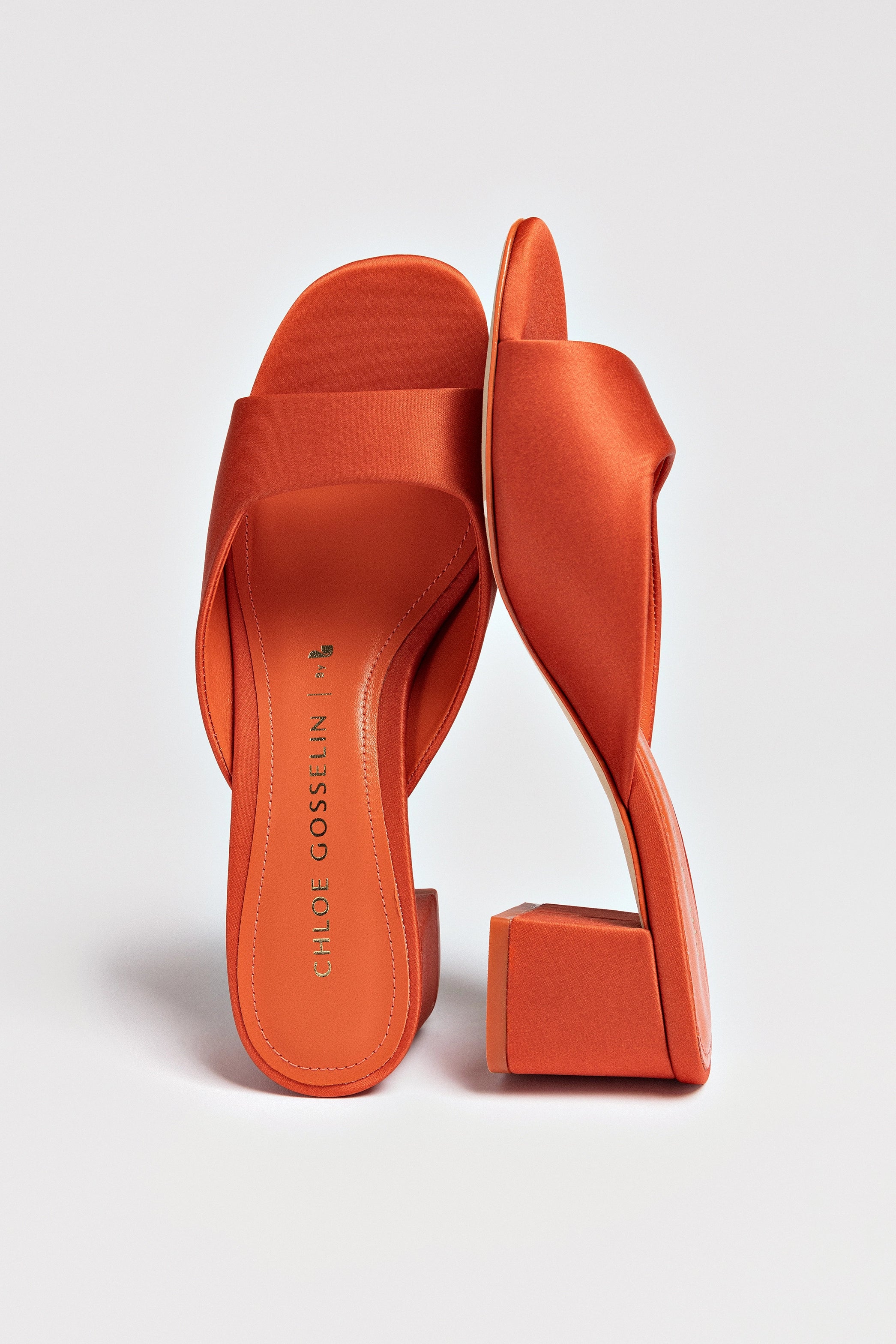 Chloe Gosselin by Larroudé Anah Mule Sandals - Orange Sunrise Satin Heels for Women | Perfect for Summer Weddings, Beach Vacations & Date Nights